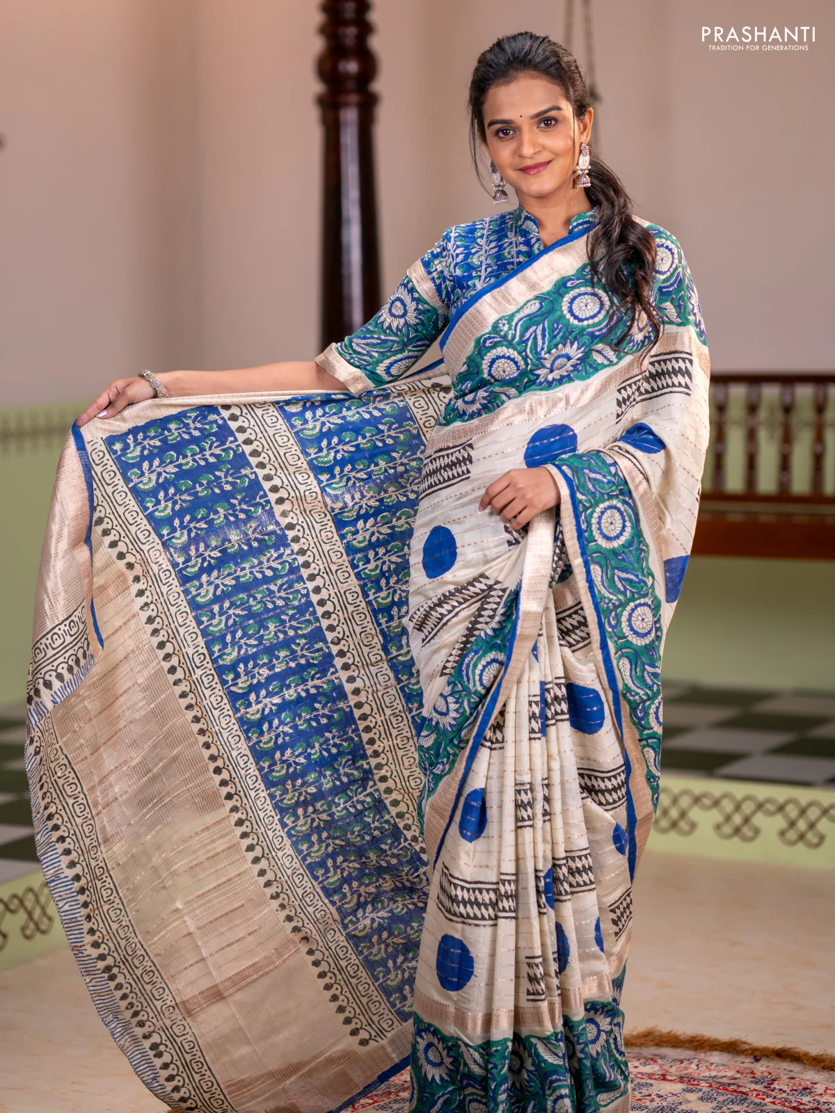 Semi chanderi saree cream and green with allover zari weaves & geometric block prints and long printed border - Image 2