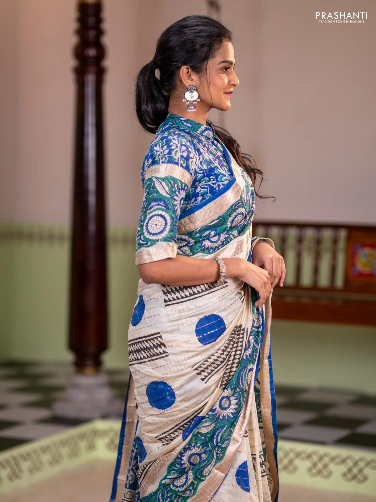 Semi chanderi saree cream and green with allover zari weaves & geometric block prints and long printed border - Image 3
