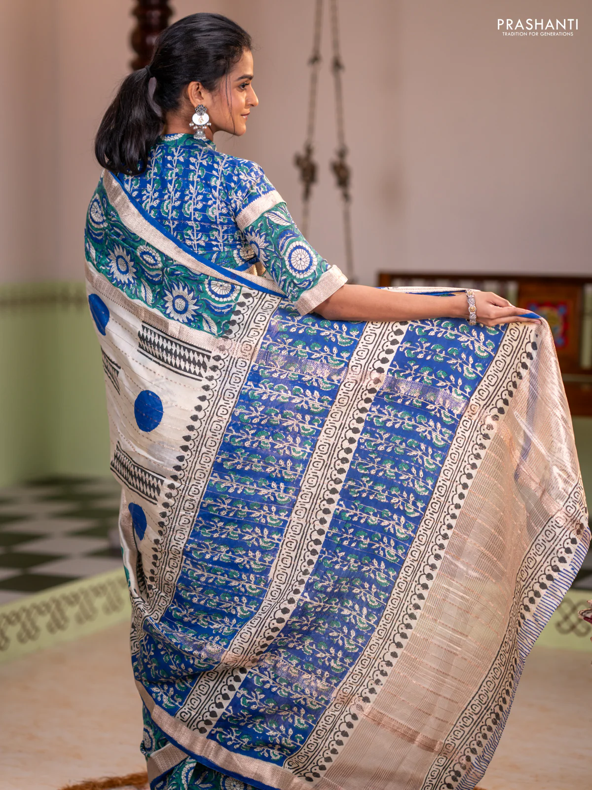 Semi chanderi saree cream and green with allover zari weaves & geometric block prints and long printed border - Image 4