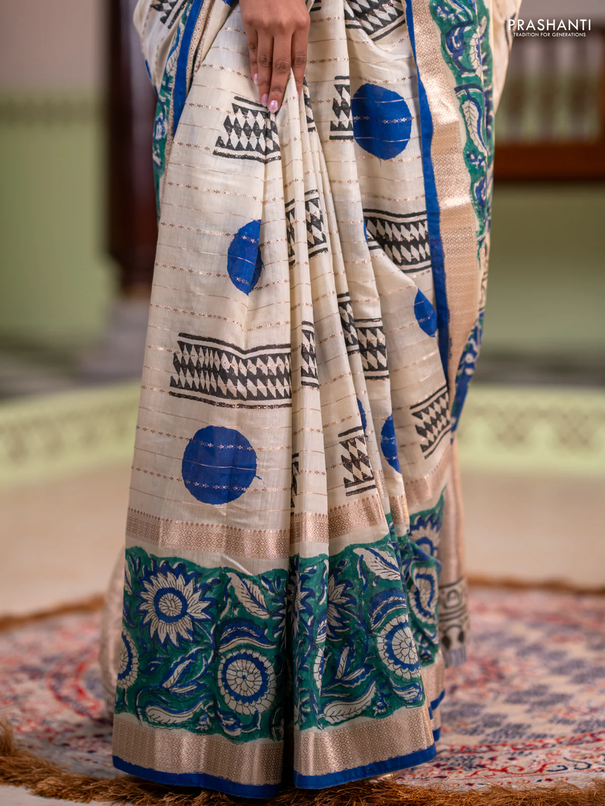Semi chanderi saree cream and green with allover zari weaves & geometric block prints and long printed border - Image 5