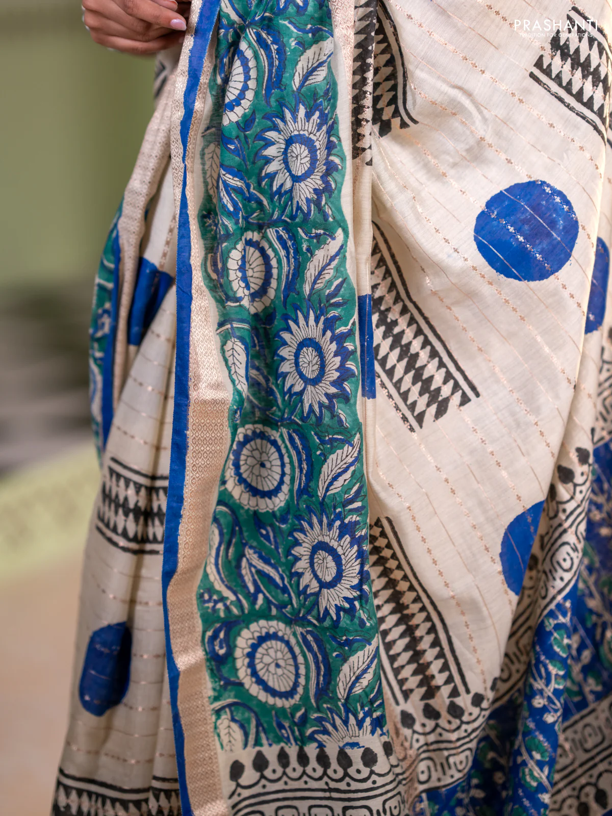 Semi chanderi saree cream and green with allover zari weaves & geometric block prints and long printed border - Image 6