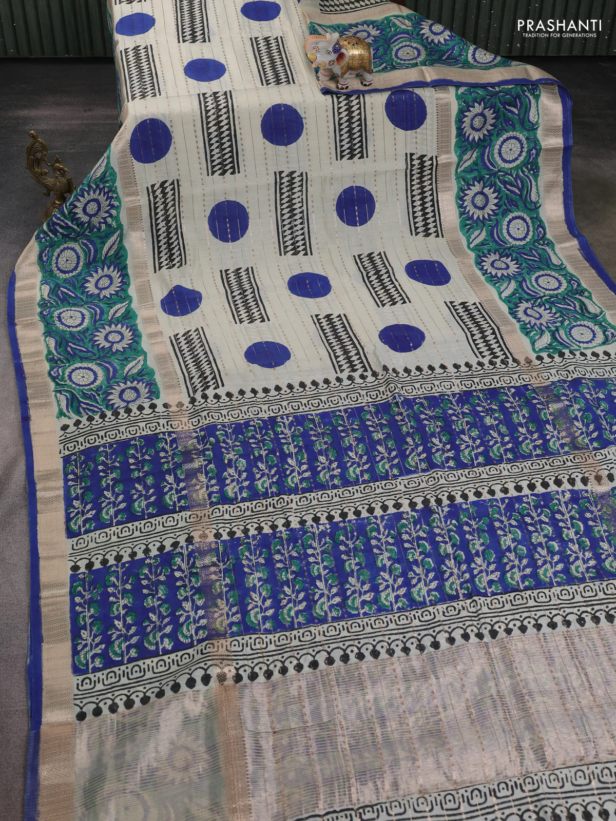 Semi chanderi saree cream and green with allover zari weaves & geometric block prints and long printed border - Image 8