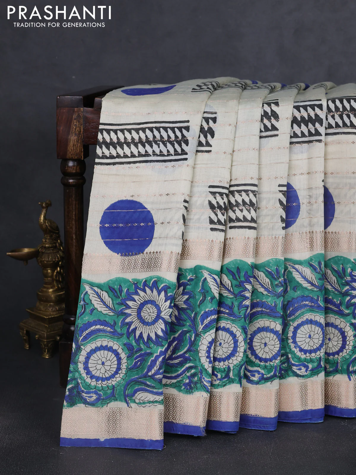 Semi chanderi saree cream and green with allover zari weaves & geometric block prints and long printed border - Image 9