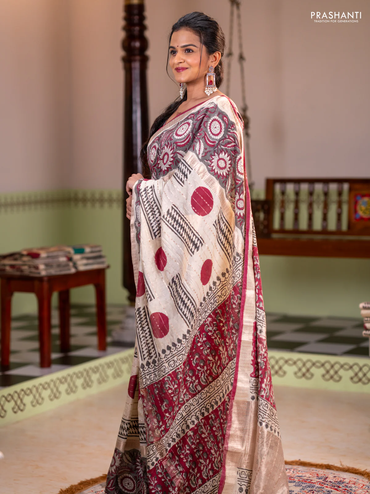 Semi chanderi saree cream and grey with allover zari weaves & geometric block prints and long printed border - Image 2
