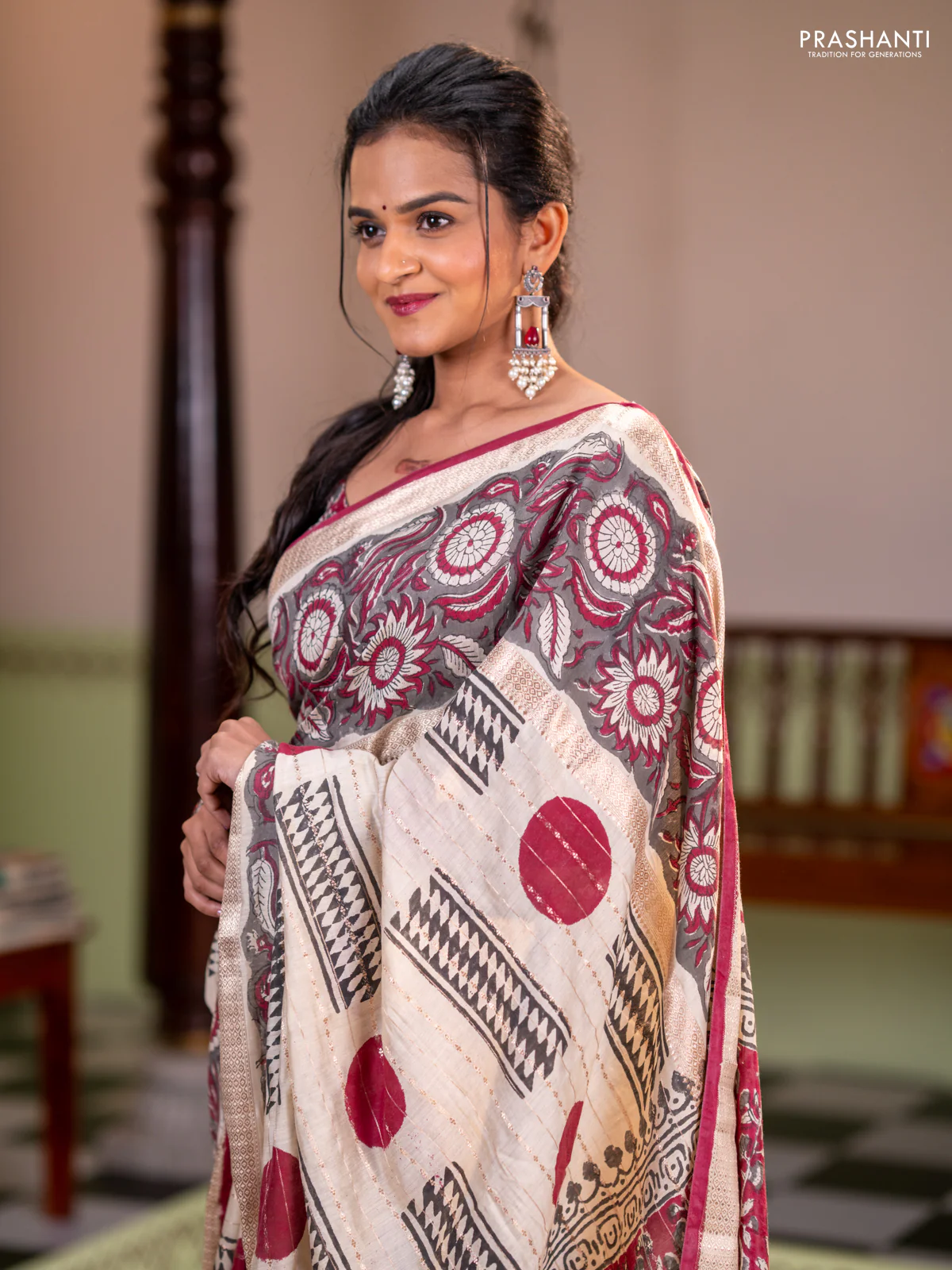 Semi chanderi saree cream and grey with allover zari weaves & geometric block prints and long printed border - Image 3