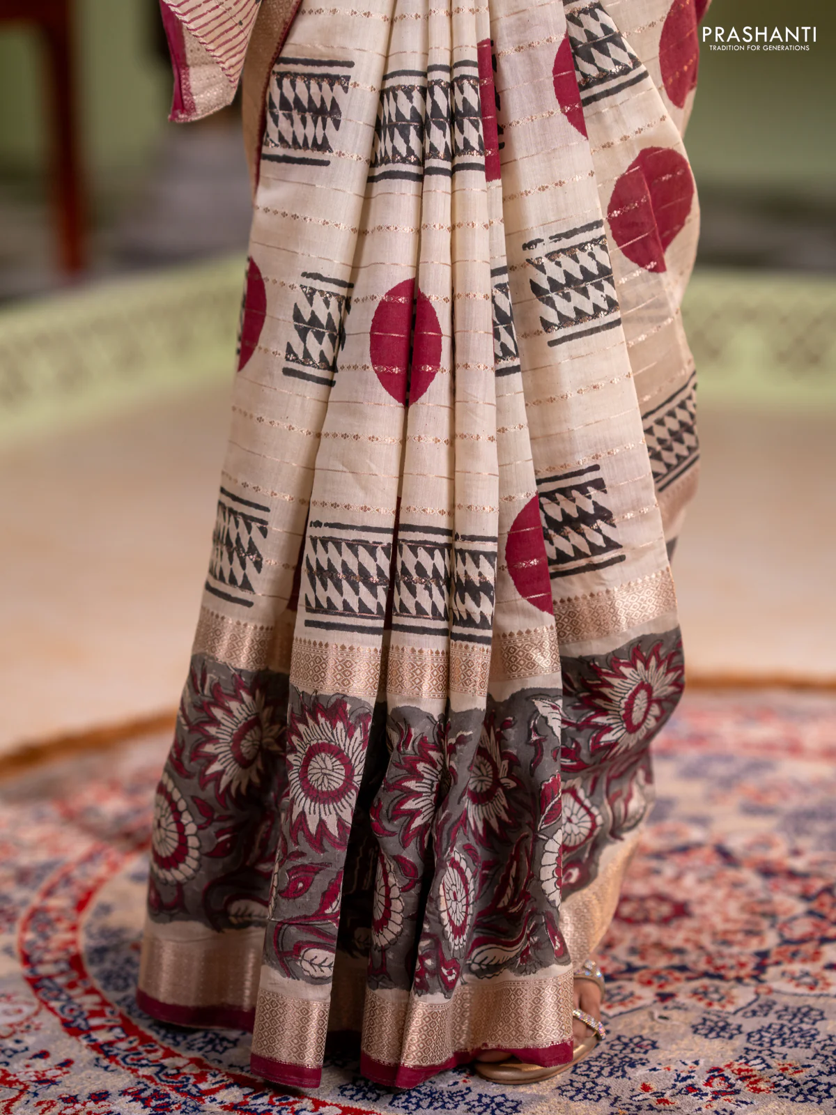 Semi chanderi saree cream and grey with allover zari weaves & geometric block prints and long printed border - Image 4