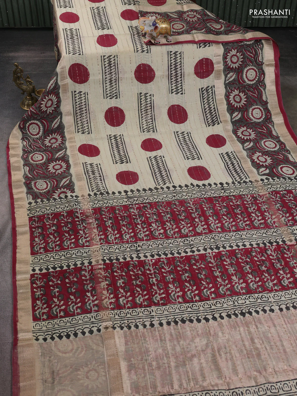 Semi chanderi saree cream and grey with allover zari weaves & geometric block prints and long printed border - Image 6