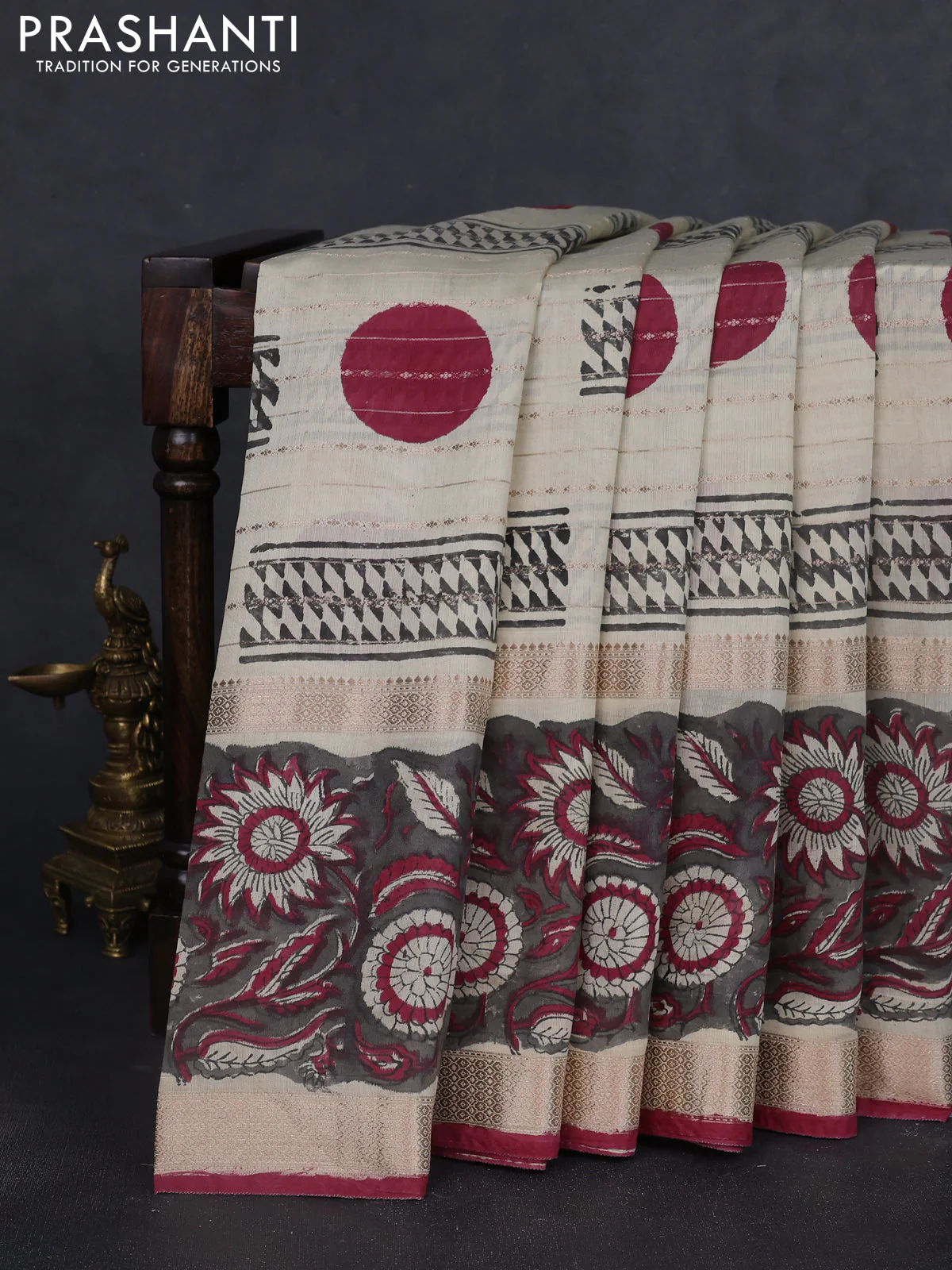 Semi chanderi saree cream and grey with allover zari weaves & geometric block prints and long printed border - Image 7
