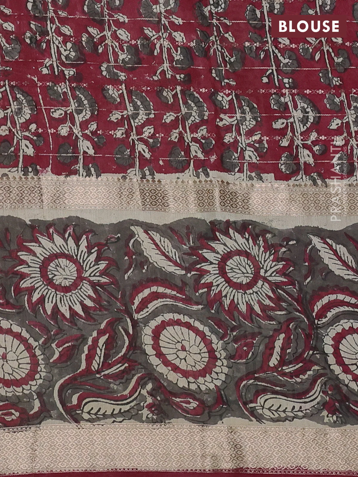 Semi chanderi saree cream and grey with allover zari weaves & geometric block prints and long printed border - Image 8