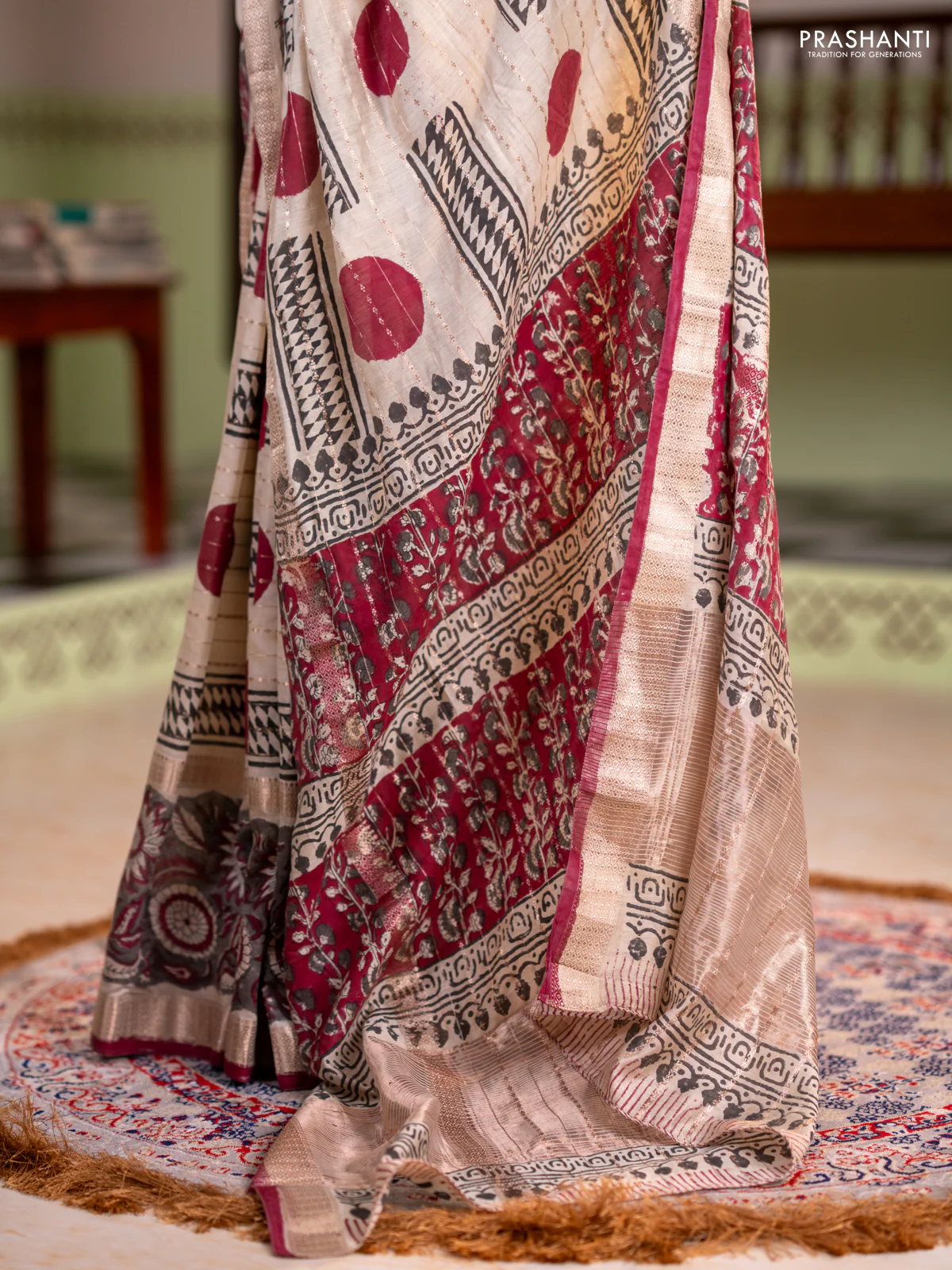 Semi chanderi saree cream and grey with allover zari weaves & geometric block prints and long printed border - Image 9
