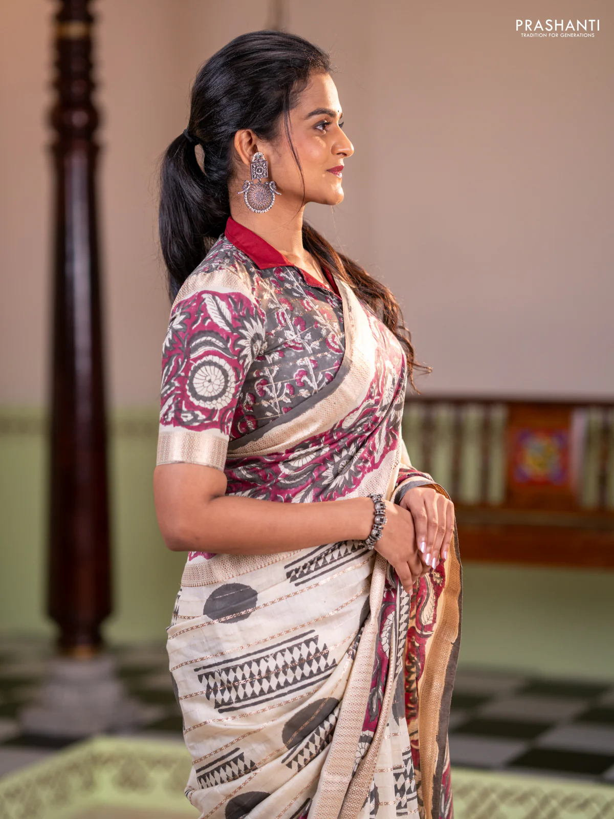 Semi chanderi saree cream and wine shade with allover zari weaves & geometric block prints and long printed border - Image 2