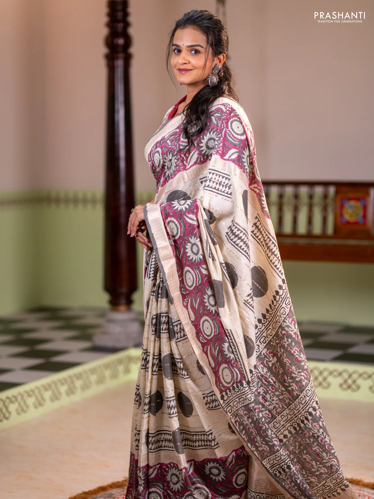 Semi chanderi saree cream and wine shade with allover zari weaves & geometric block prints and long printed border - Image 3