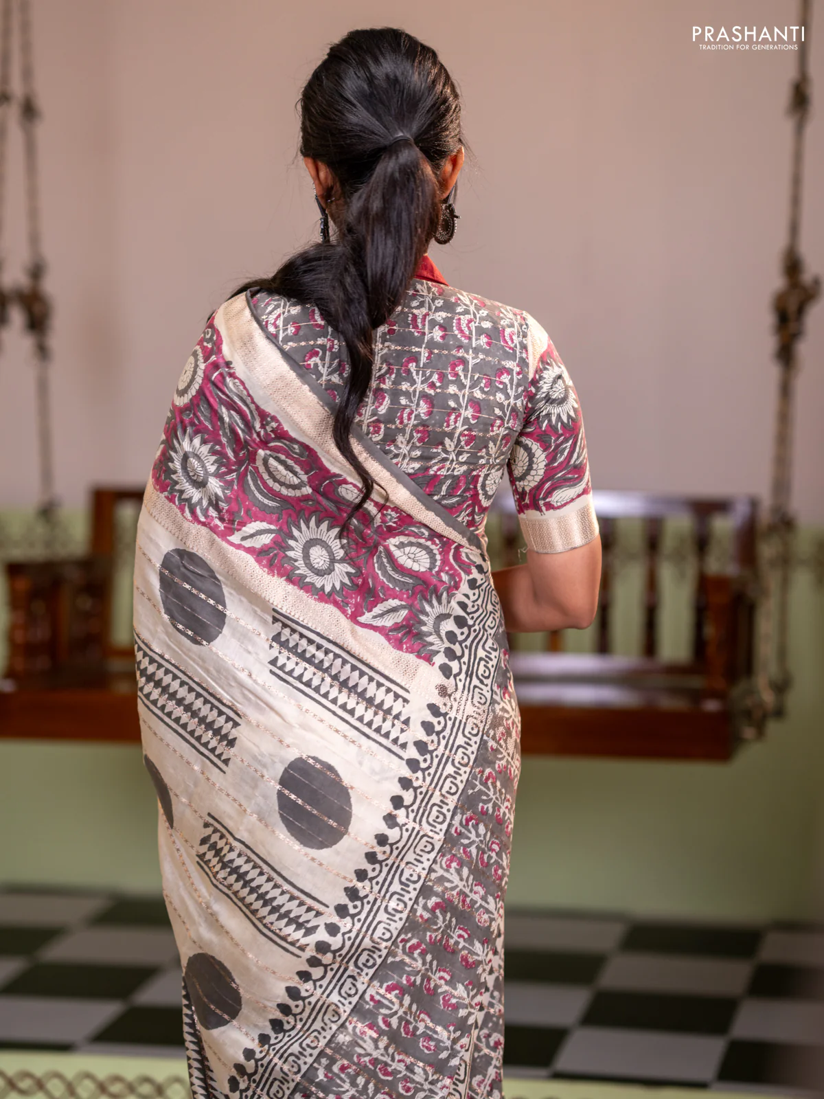 Semi chanderi saree cream and wine shade with allover zari weaves & geometric block prints and long printed border - Image 4