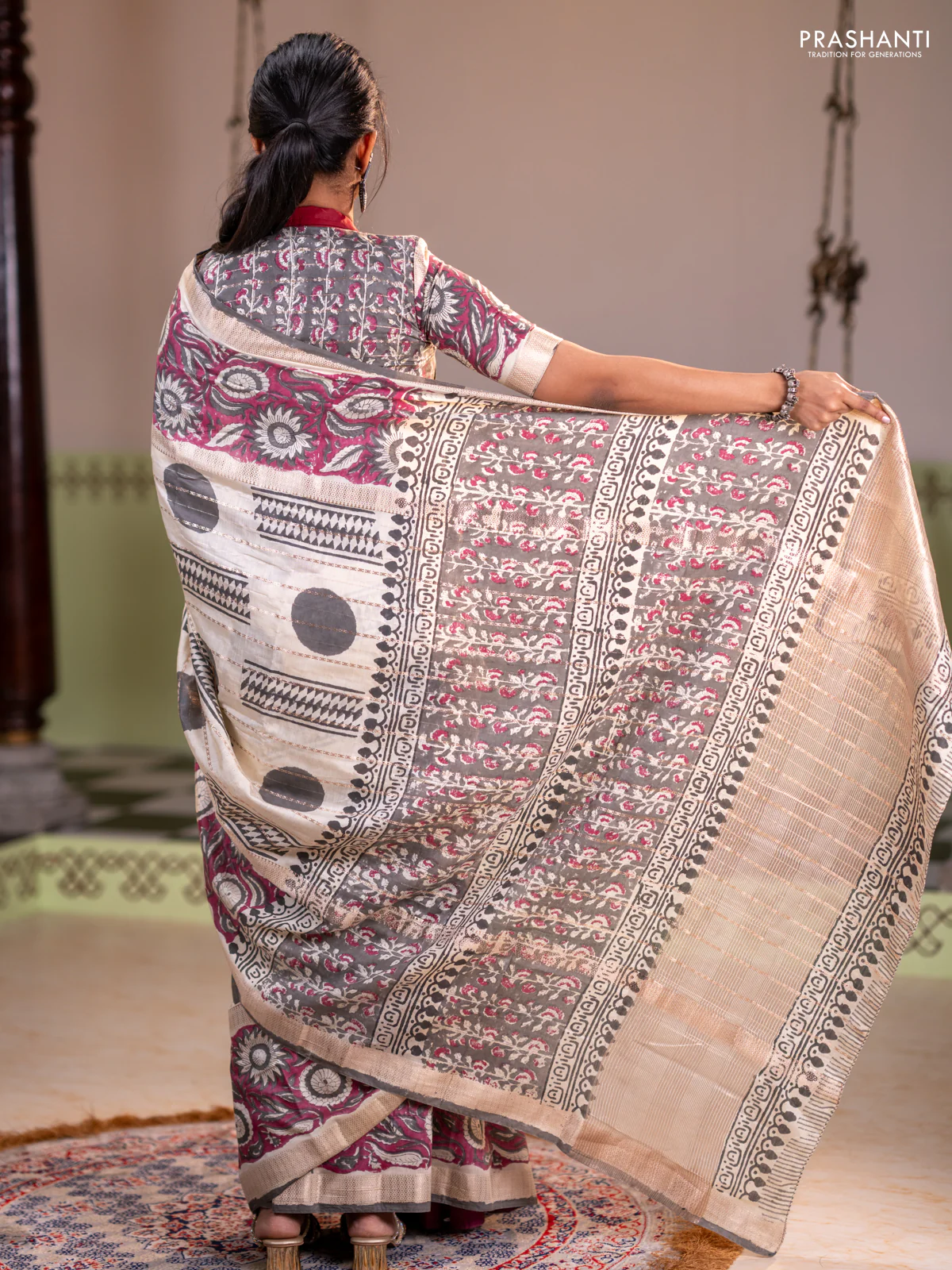 Semi chanderi saree cream and wine shade with allover zari weaves & geometric block prints and long printed border - Image 5