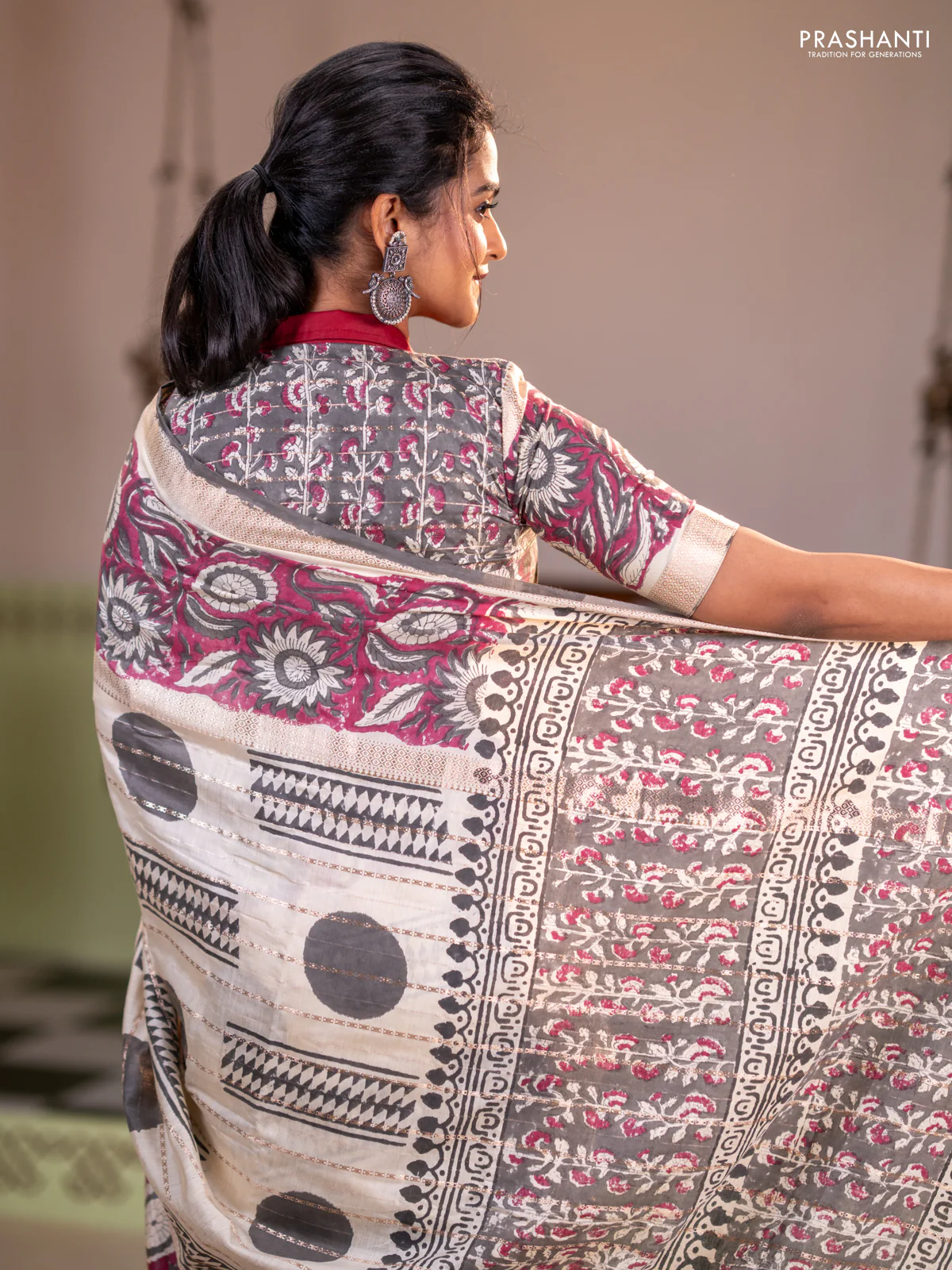 Semi chanderi saree cream and wine shade with allover zari weaves & geometric block prints and long printed border - Image 6