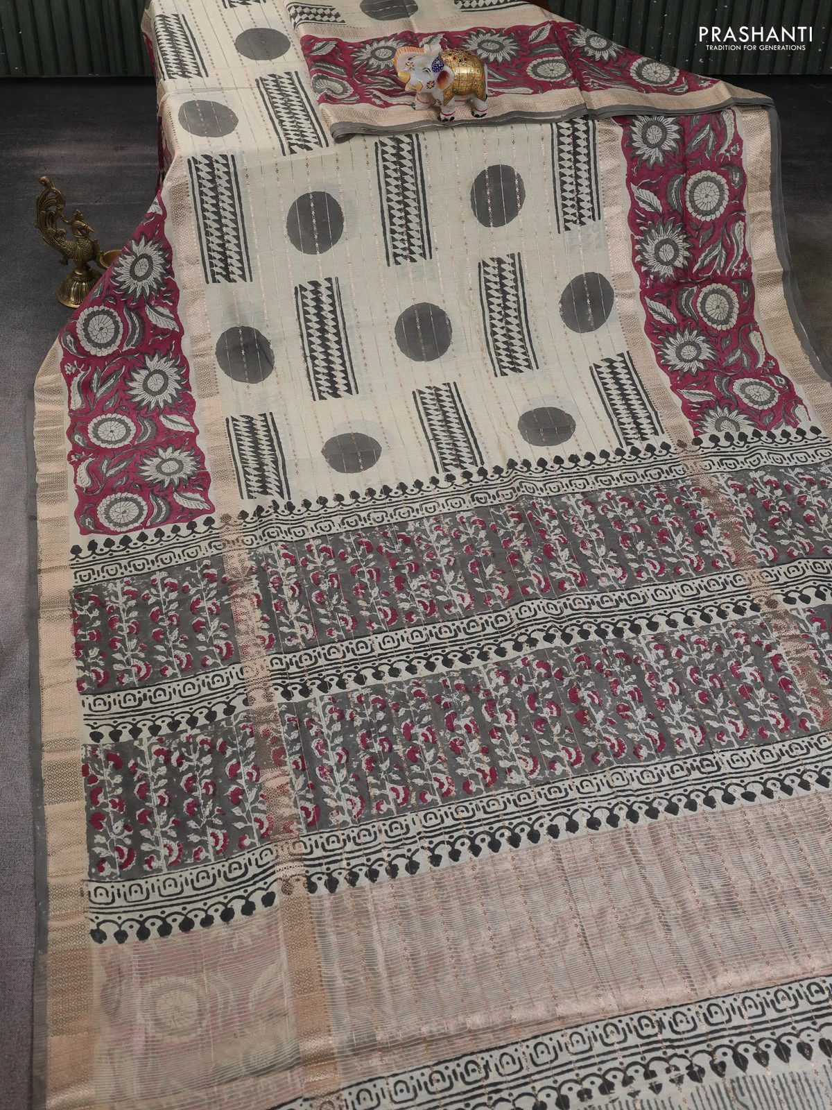 Semi chanderi saree cream and wine shade with allover zari weaves & geometric block prints and long printed border - Image 7