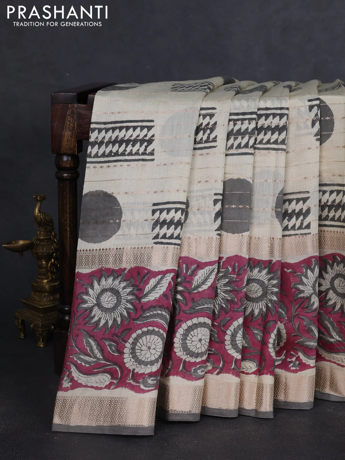 Semi chanderi saree cream and wine shade with allover zari weaves & geometric block prints and long printed border - Image 8