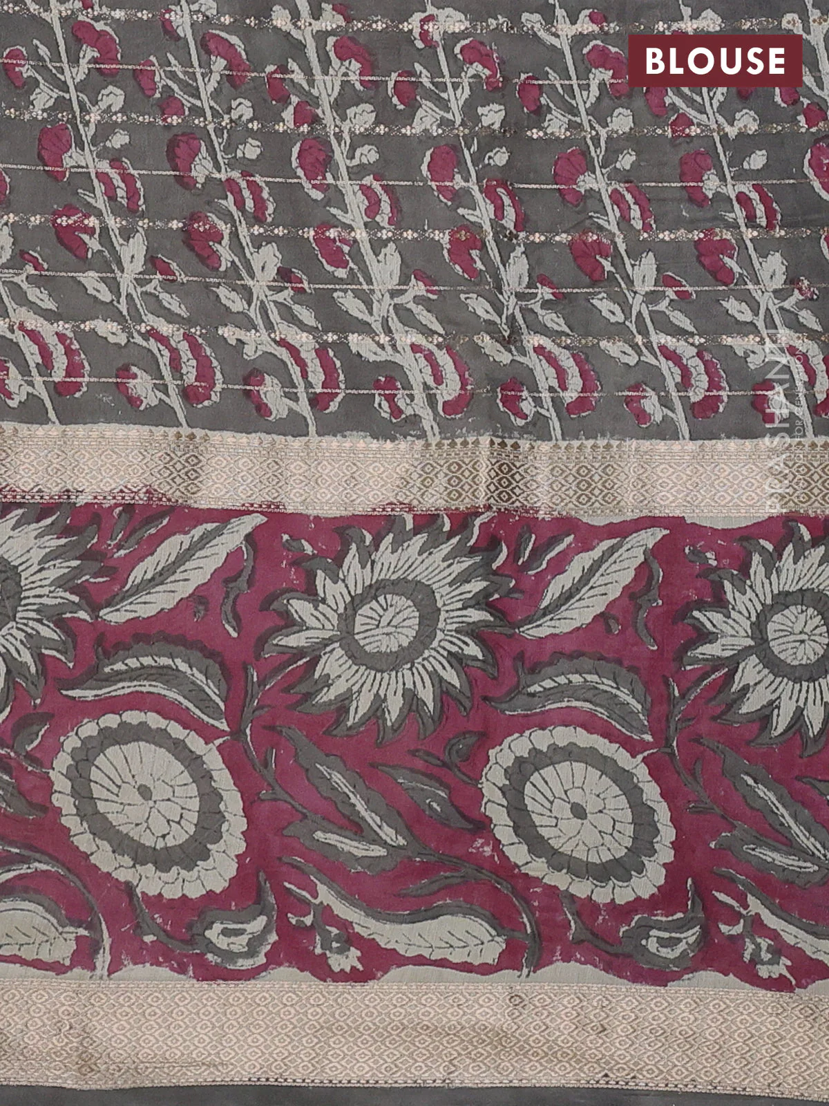 Semi chanderi saree cream and wine shade with allover zari weaves & geometric block prints and long printed border - Image 9