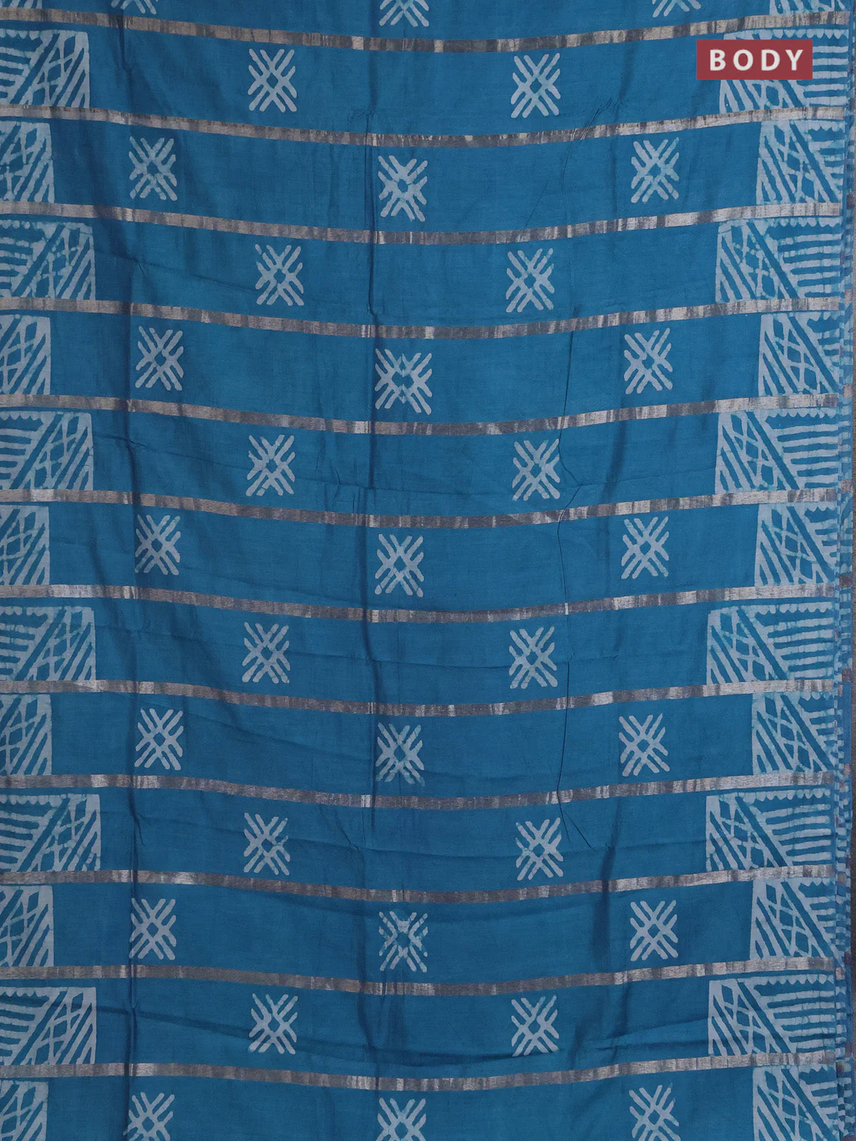 Semi chanderi saree cs blue with allover zari strips & batik butta prints in borderless style - Image 2