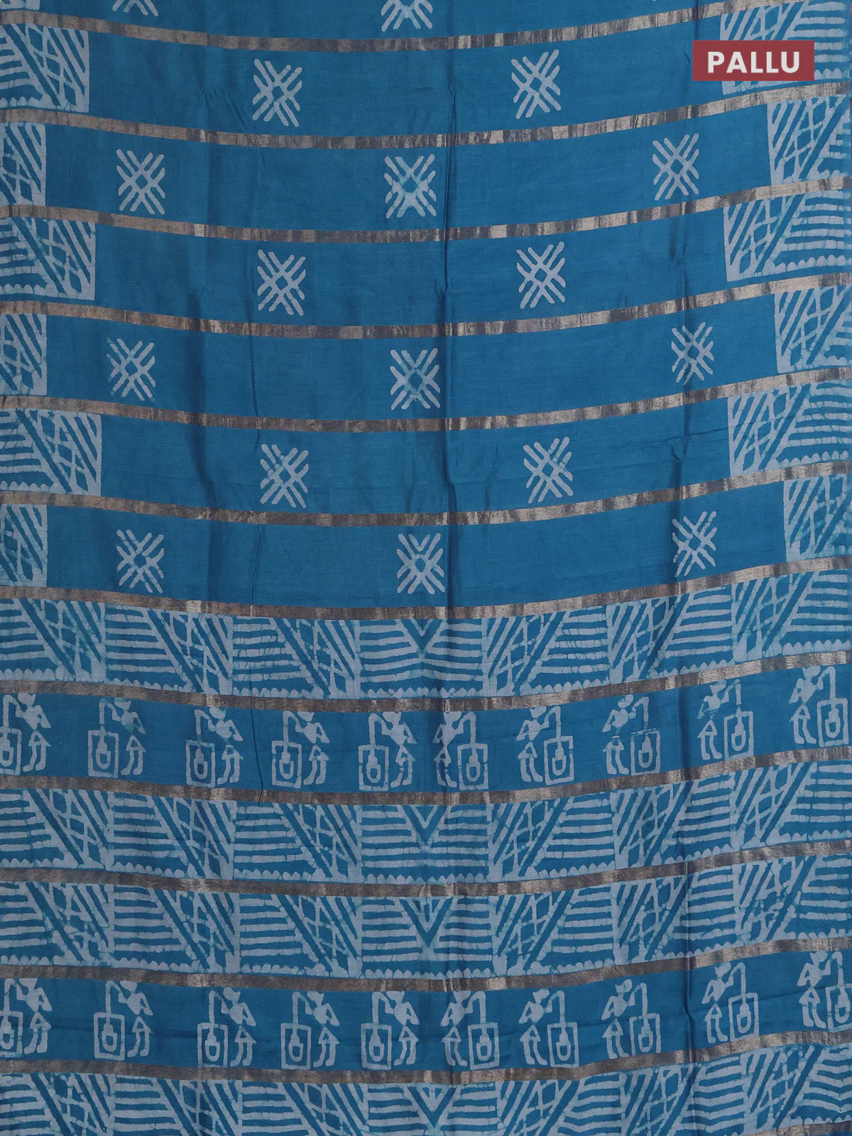 Semi chanderi saree cs blue with allover zari strips & batik butta prints in borderless style - Image 3