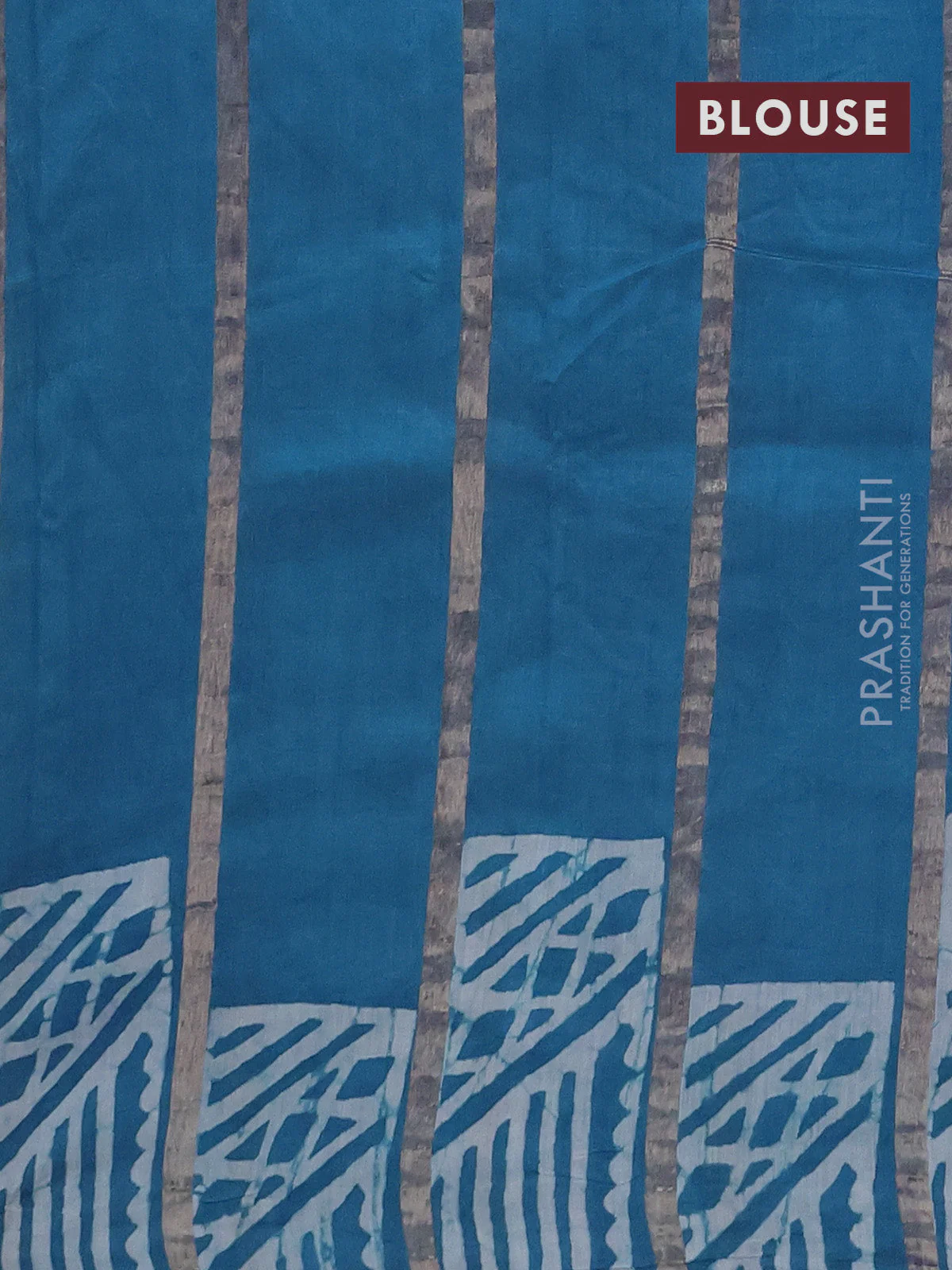 Semi chanderi saree cs blue with allover zari strips & batik butta prints in borderless style - Image 4