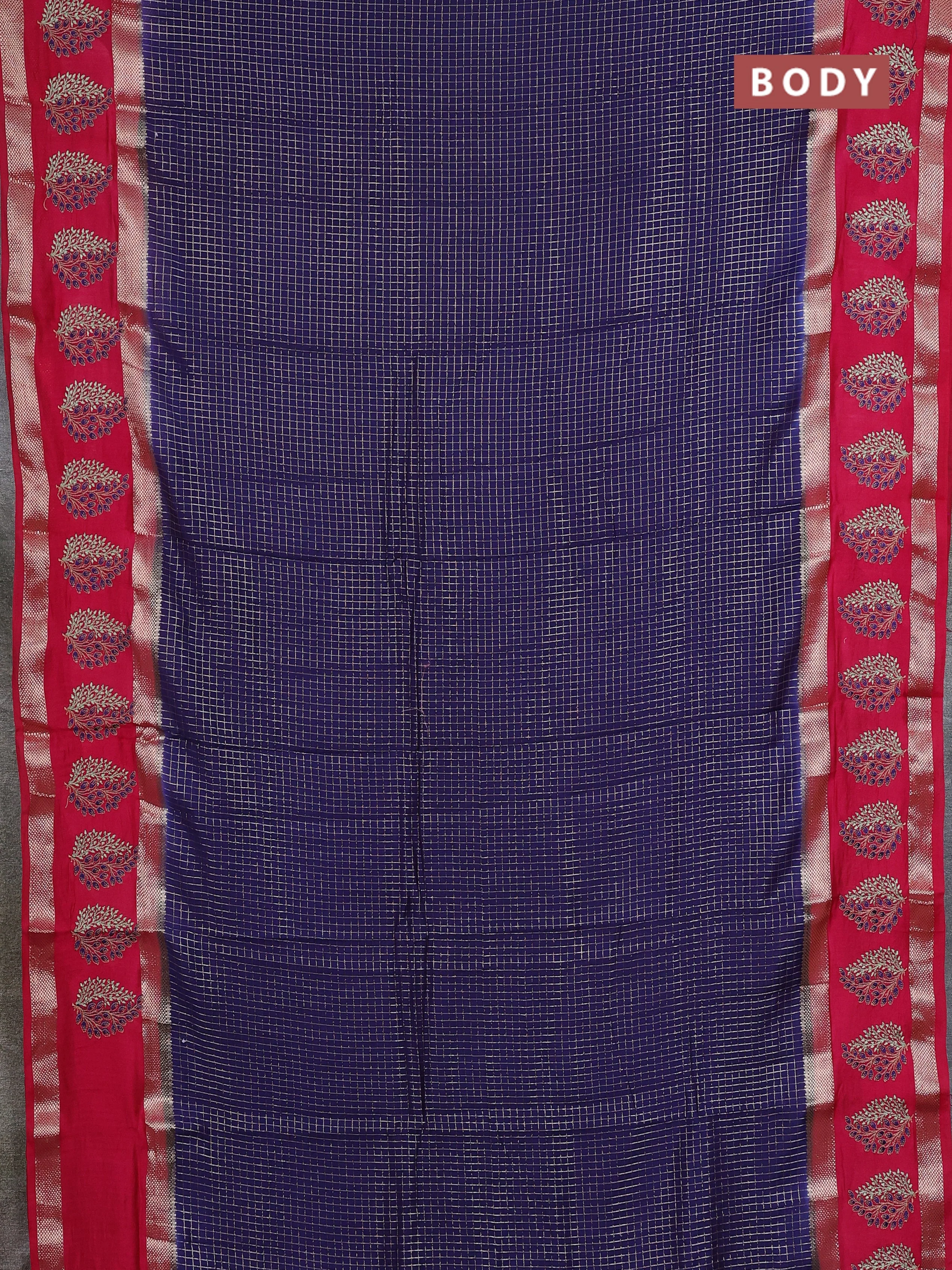 Semi chanderi saree dark blue and pink with allover zari woven checked pattern and embroidery zari border - Image 2