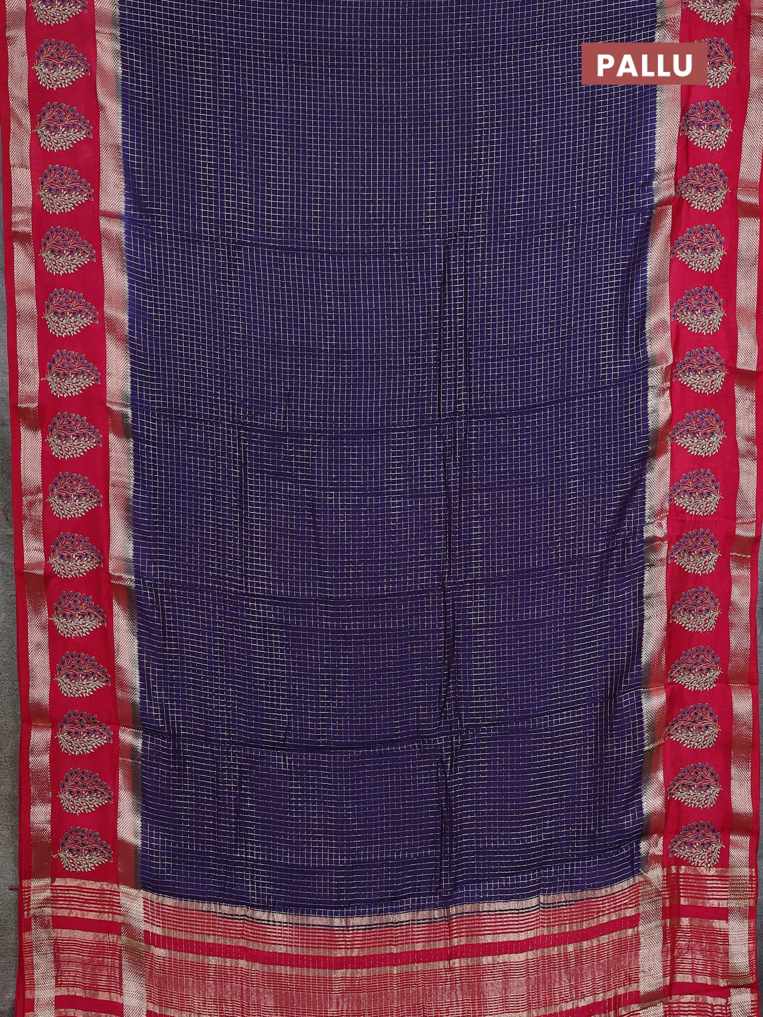Semi chanderi saree dark blue and pink with allover zari woven checked pattern and embroidery zari border - Image 3