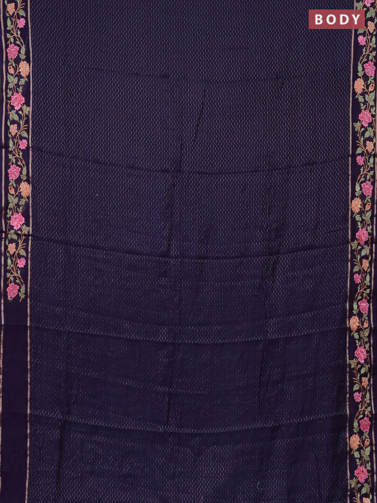 Semi chanderi saree dark blue with allover zari weaves and floral embroidery border - Image 2