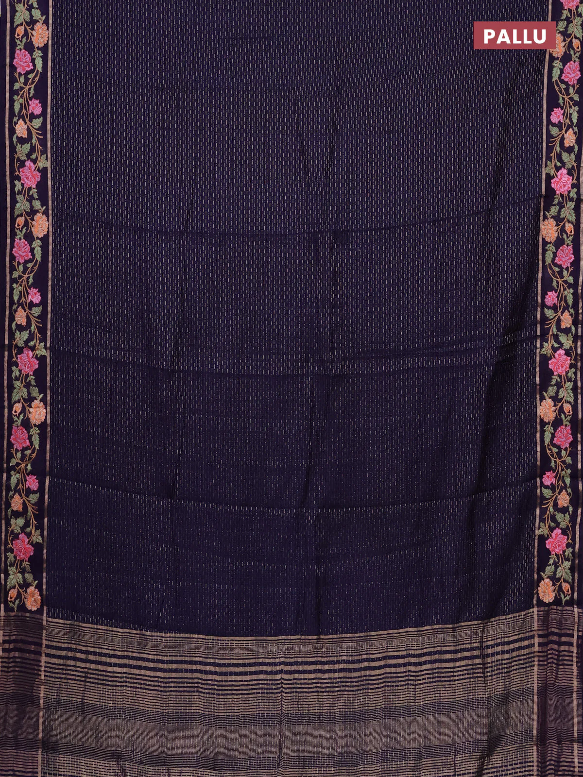 Semi chanderi saree dark blue with allover zari weaves and floral embroidery border - Image 3