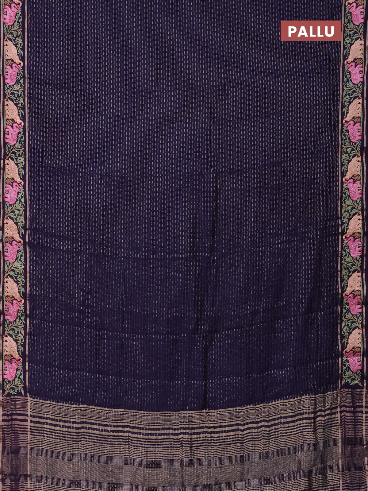 Semi chanderi saree dark blue with allover zari weaves and floral embroidery border - Image 3