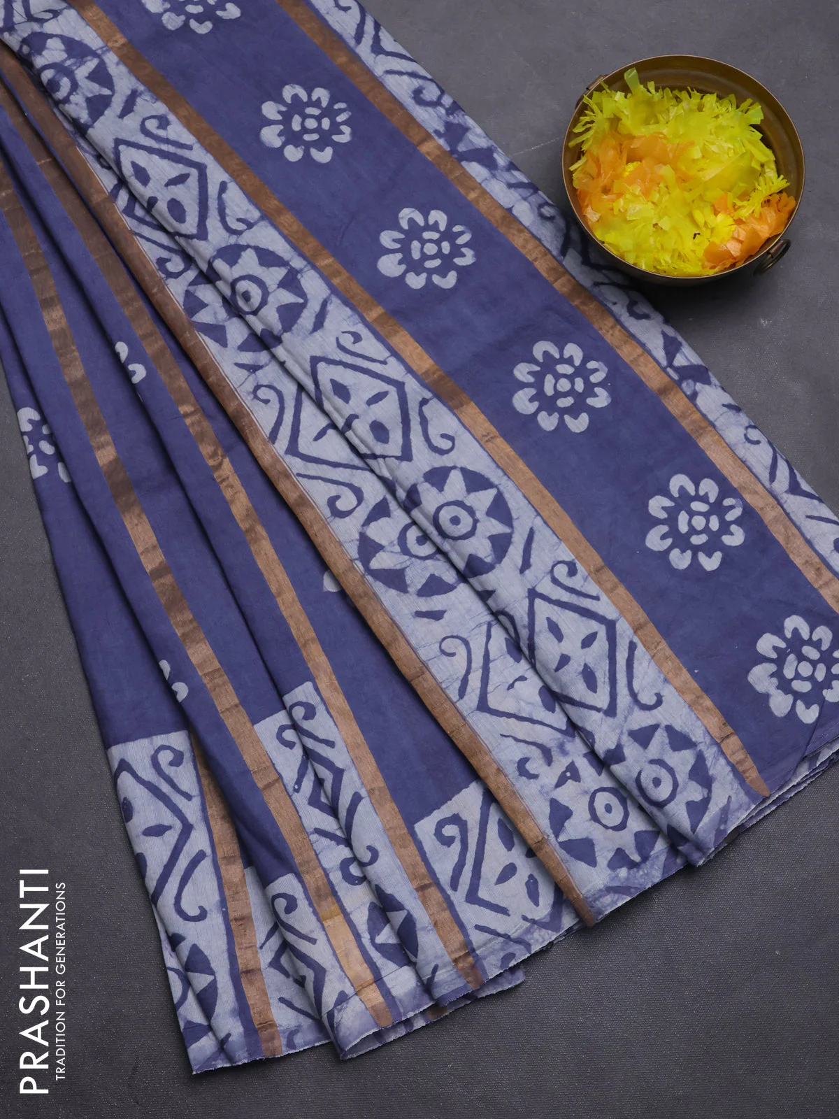 Semi chanderi saree dark grey with allover zari strips & batik butta prints in borderless style