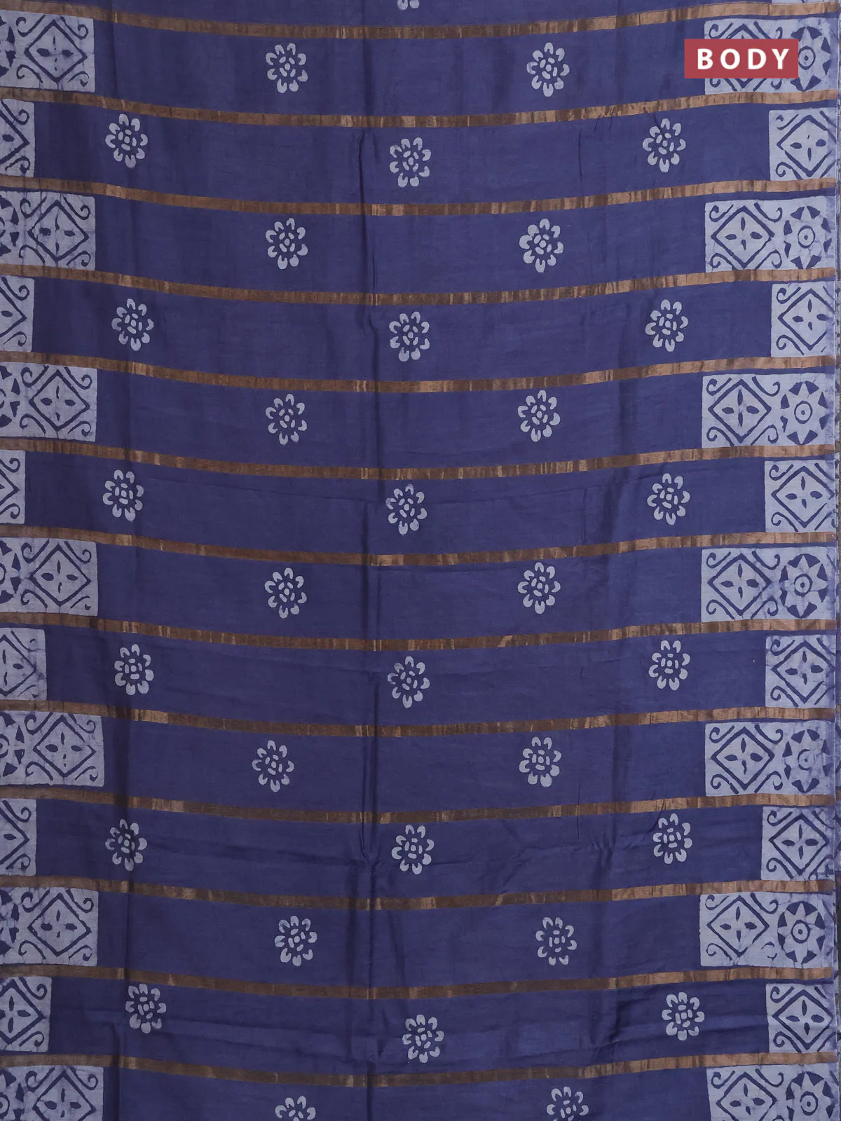 Semi chanderi saree dark grey with allover zari strips & batik butta prints in borderless style - Image 2