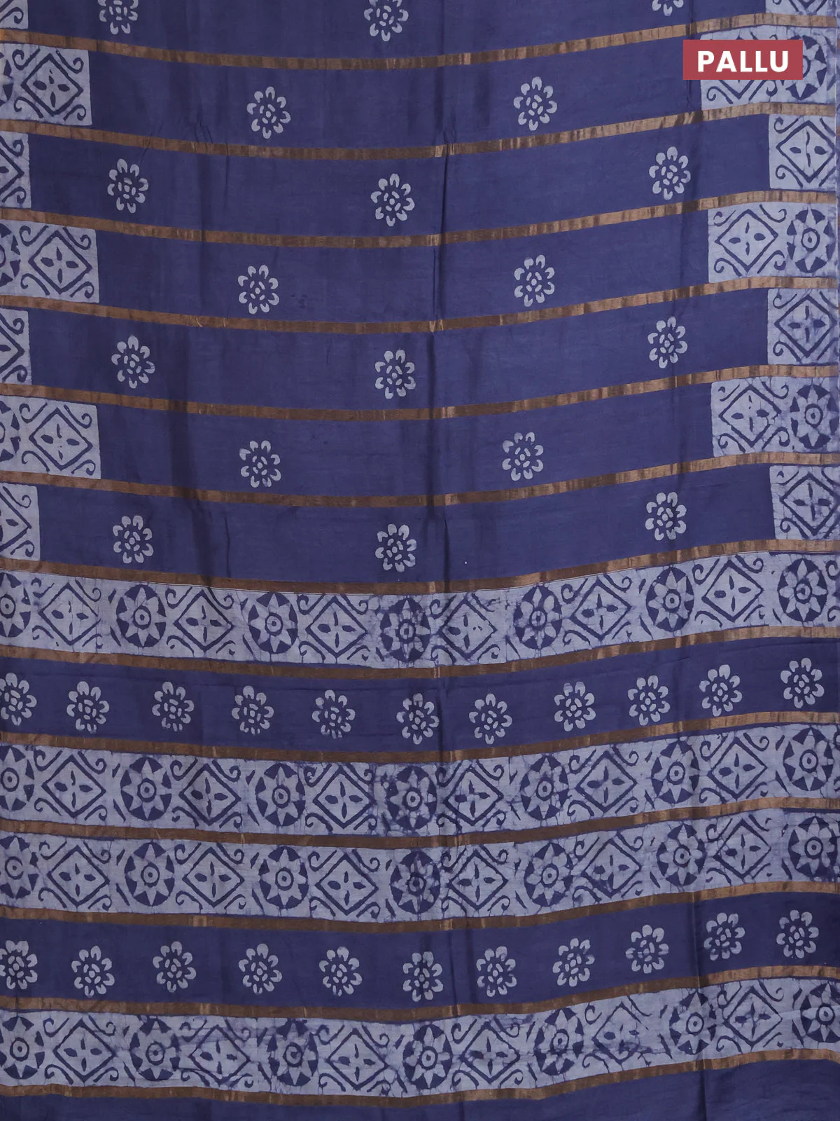 Semi chanderi saree dark grey with allover zari strips & batik butta prints in borderless style - Image 3