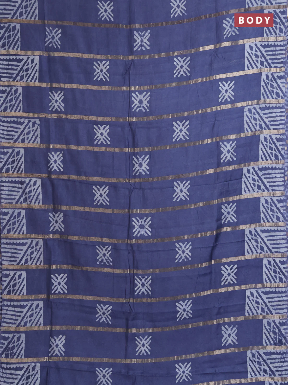 Semi chanderi saree dark grey with allover zari strips & batik butta prints in borderless style - Image 2