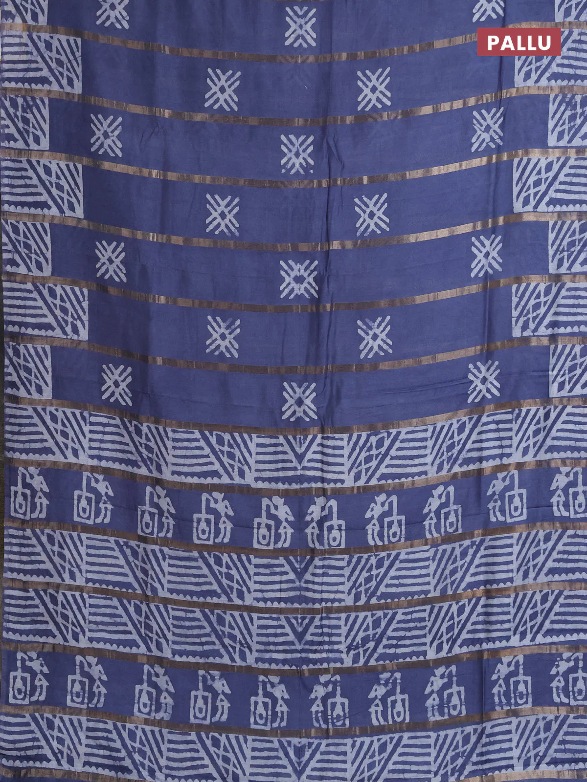 Semi chanderi saree dark grey with allover zari strips & batik butta prints in borderless style - Image 3