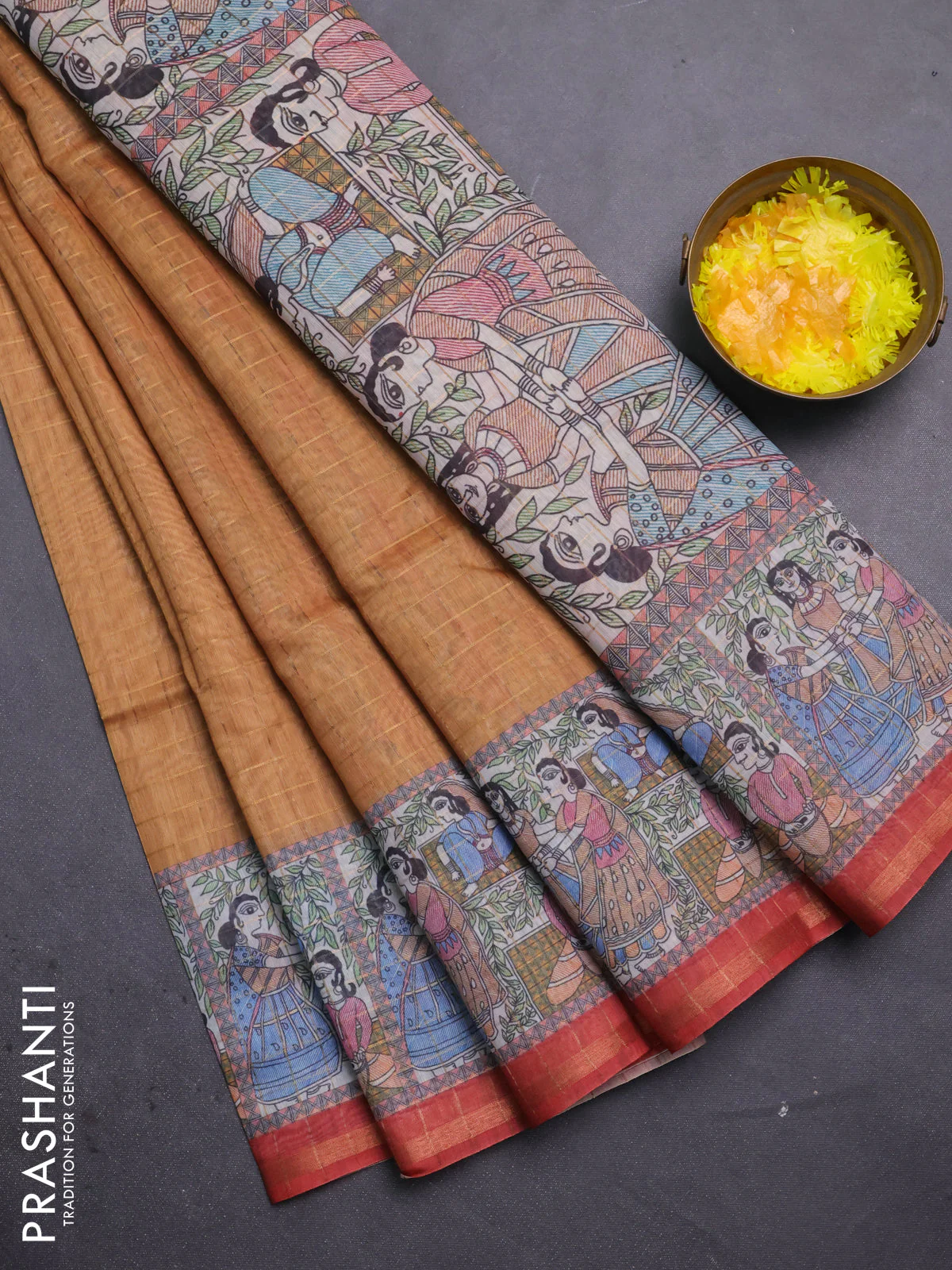 Semi chanderi saree dark mustard and rustic orange with allover zari woven checked pattern and madhubani printed pallu