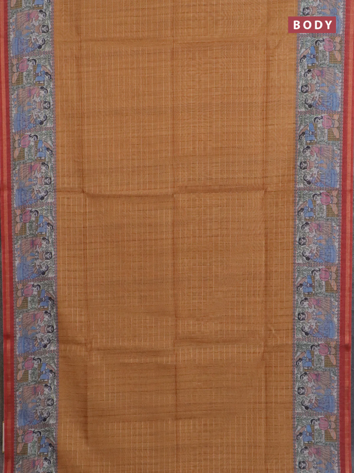 Semi chanderi saree dark mustard and rustic orange with allover zari woven checked pattern and madhubani printed pallu - Image 2