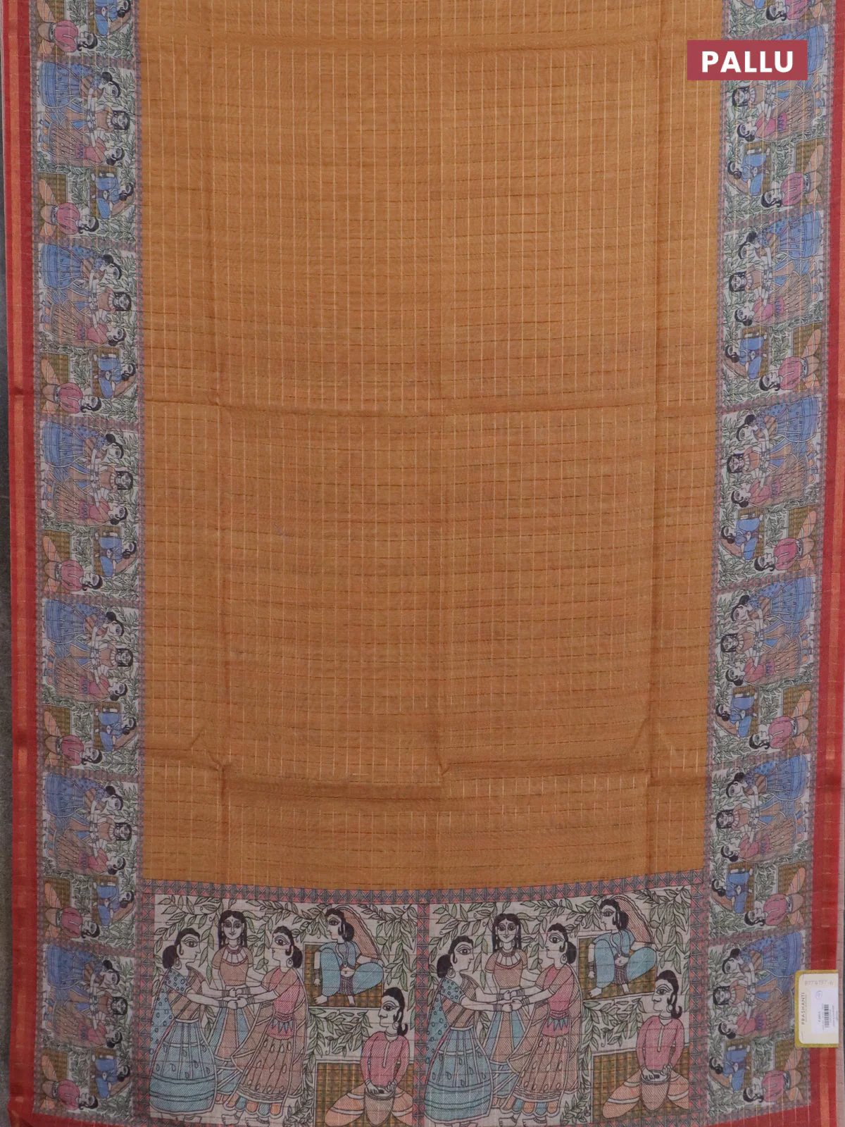Semi chanderi saree dark mustard and rustic orange with allover zari woven checked pattern and madhubani printed pallu - Image 3
