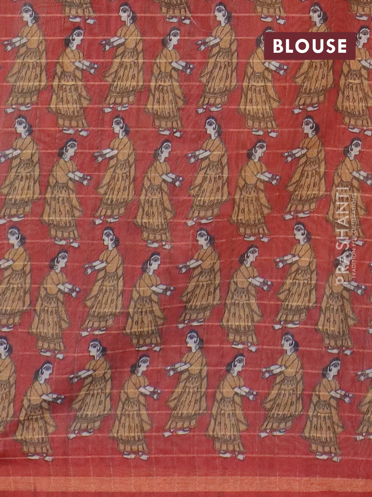 Semi chanderi saree dark mustard and rustic orange with allover zari woven checked pattern and madhubani printed pallu - Image 4