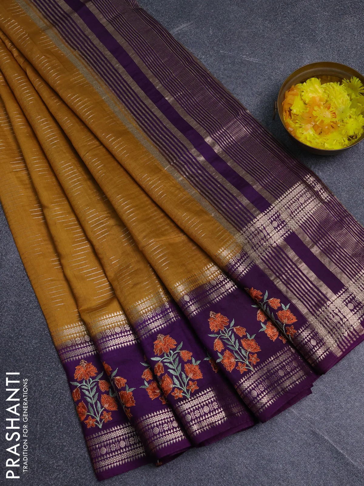 Semi chanderi saree dark mustard and violet with allover zari weaves and embroidery zari border