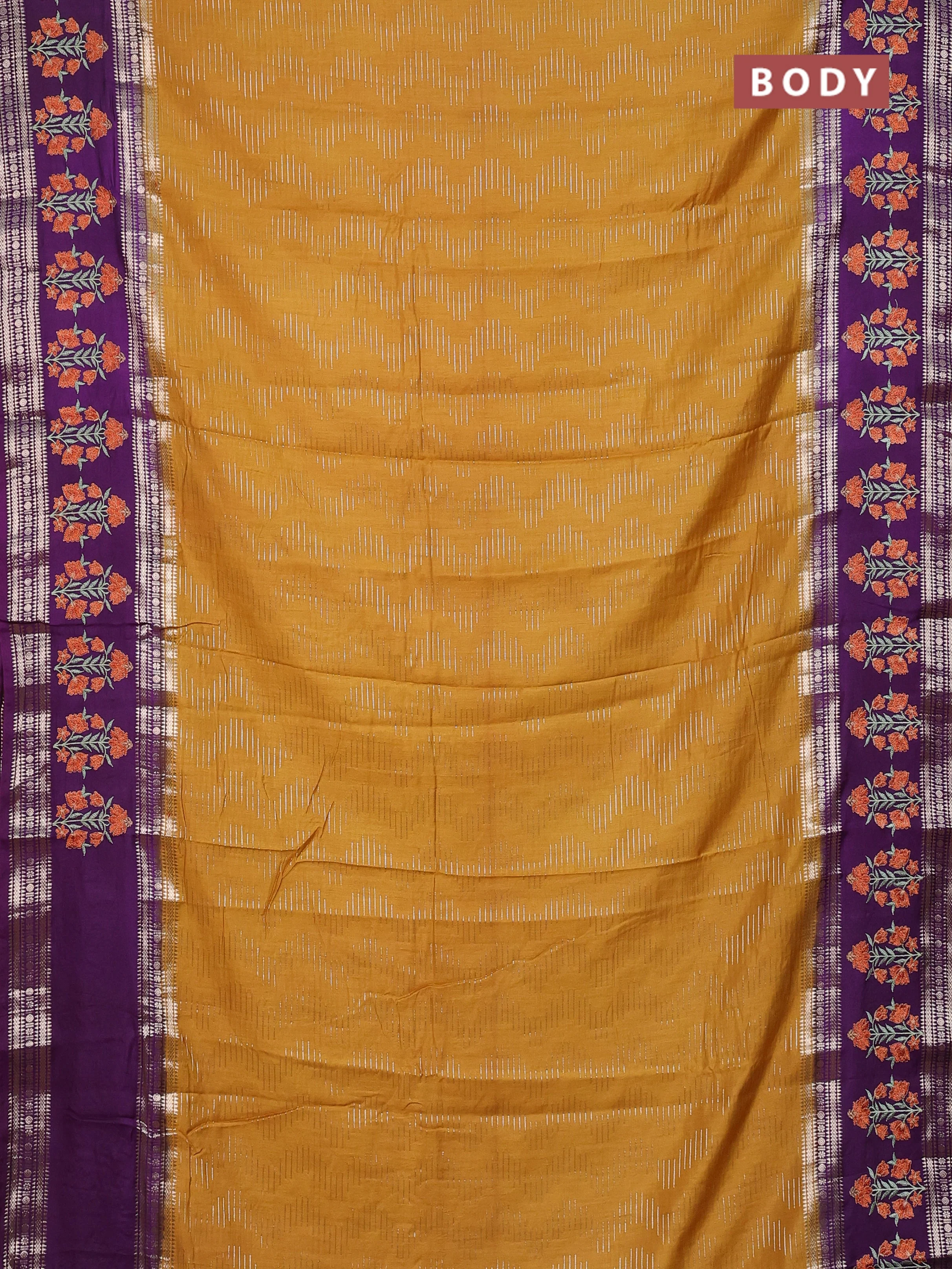 Semi chanderi saree dark mustard and violet with allover zari weaves and embroidery zari border - Image 2