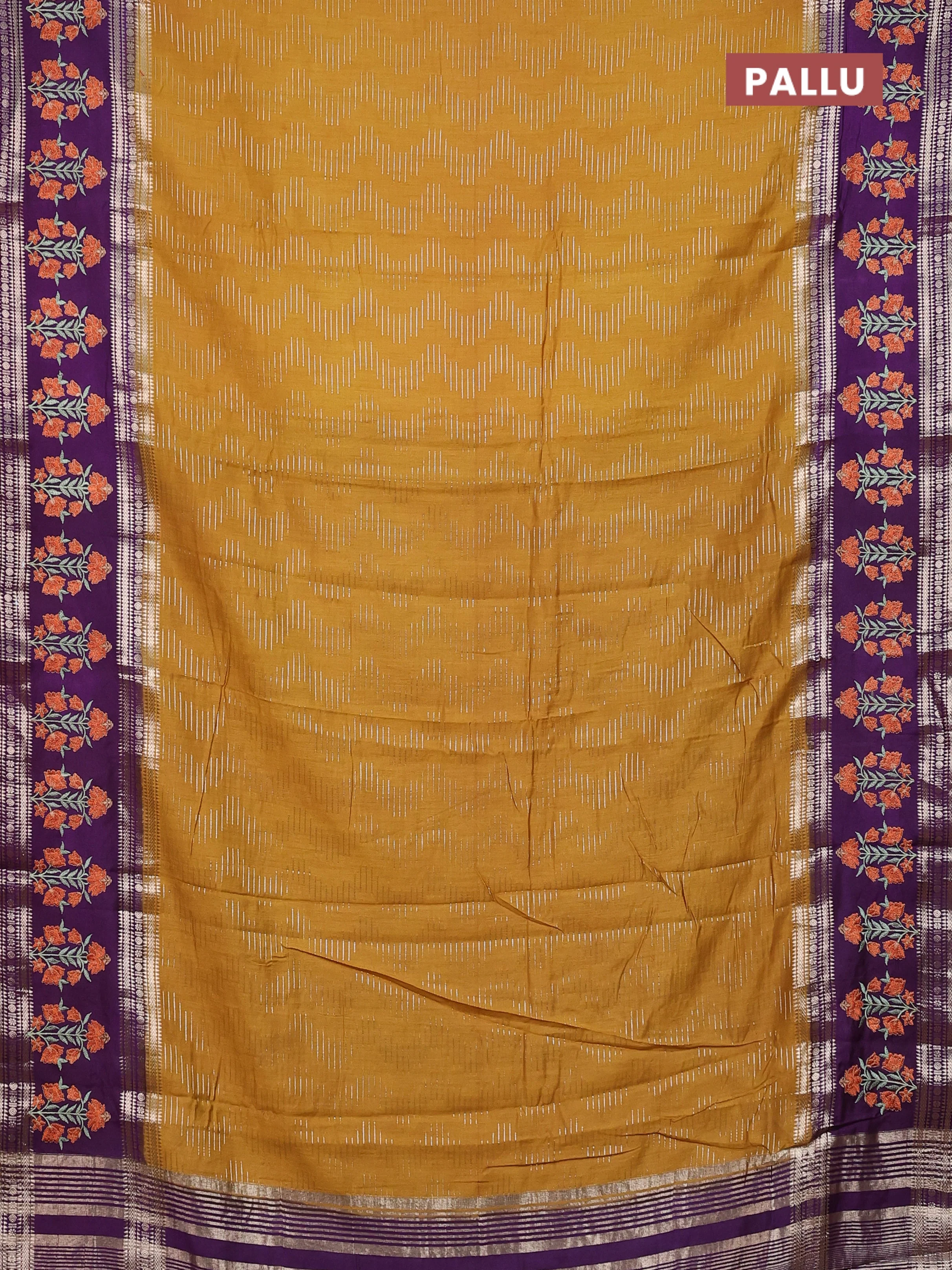 Semi chanderi saree dark mustard and violet with allover zari weaves and embroidery zari border - Image 3
