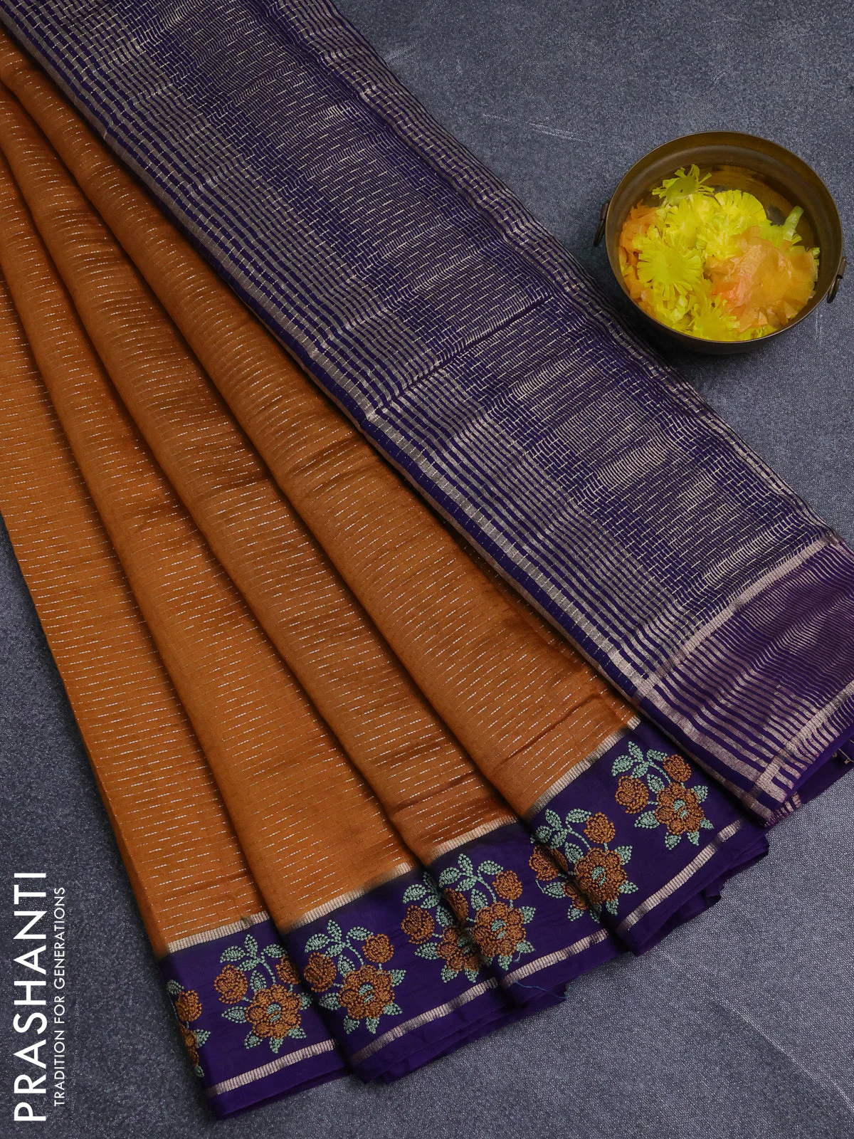 Semi chanderi saree dark mustard and violet with allover zari weaves and embroidery zari border