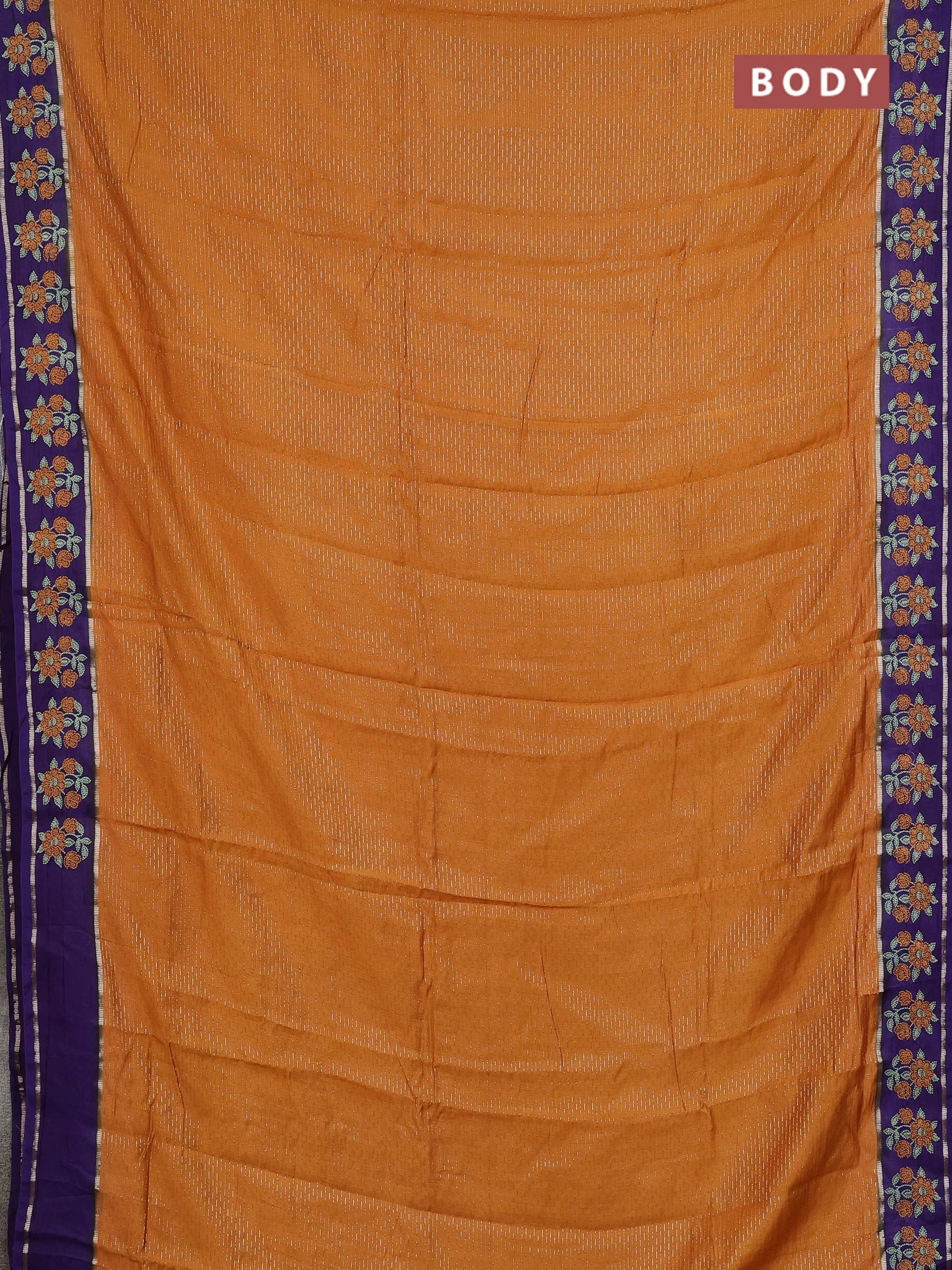 Semi chanderi saree dark mustard and violet with allover zari weaves and embroidery zari border - Image 2