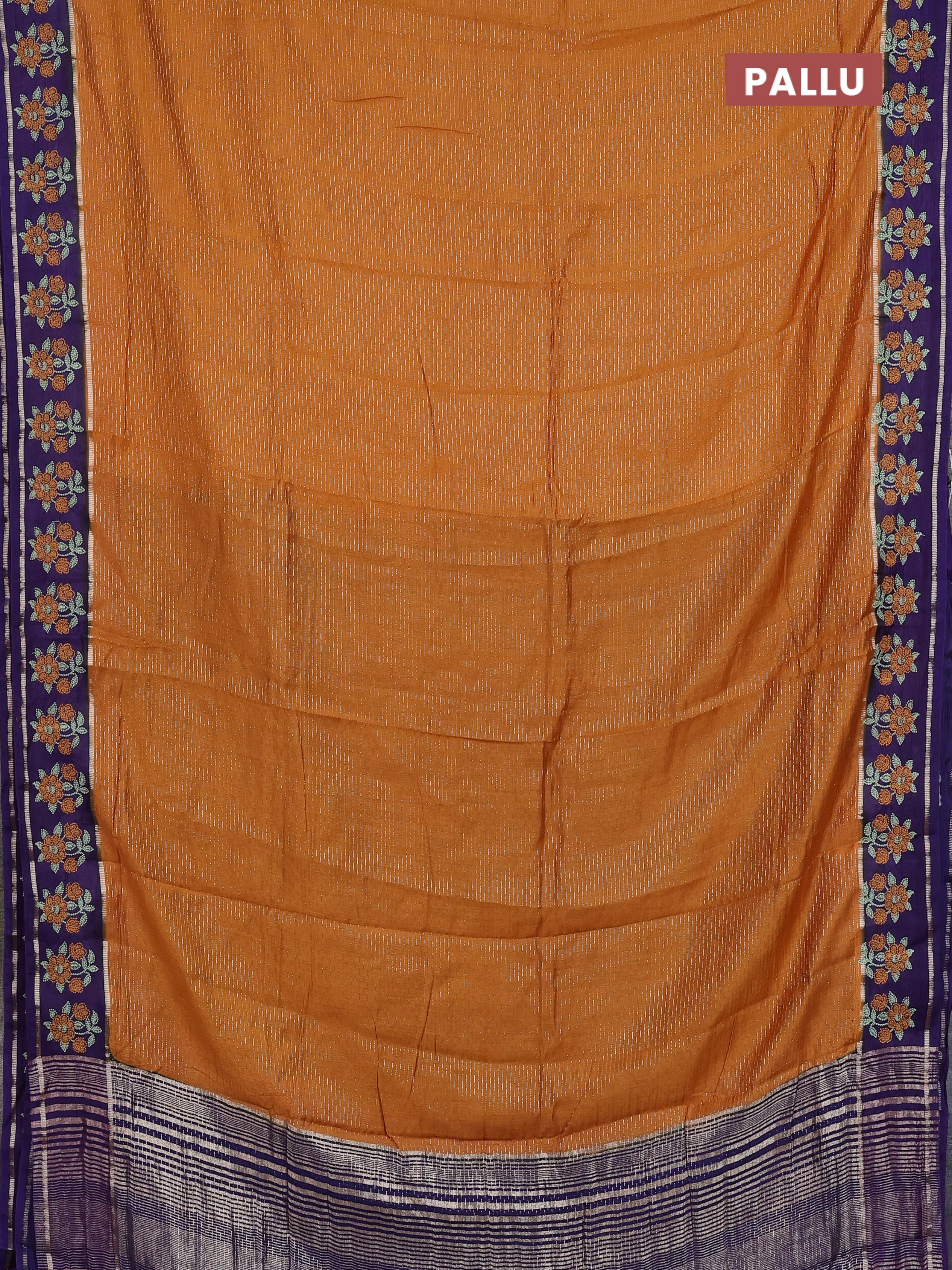 Semi chanderi saree dark mustard and violet with allover zari weaves and embroidery zari border - Image 3