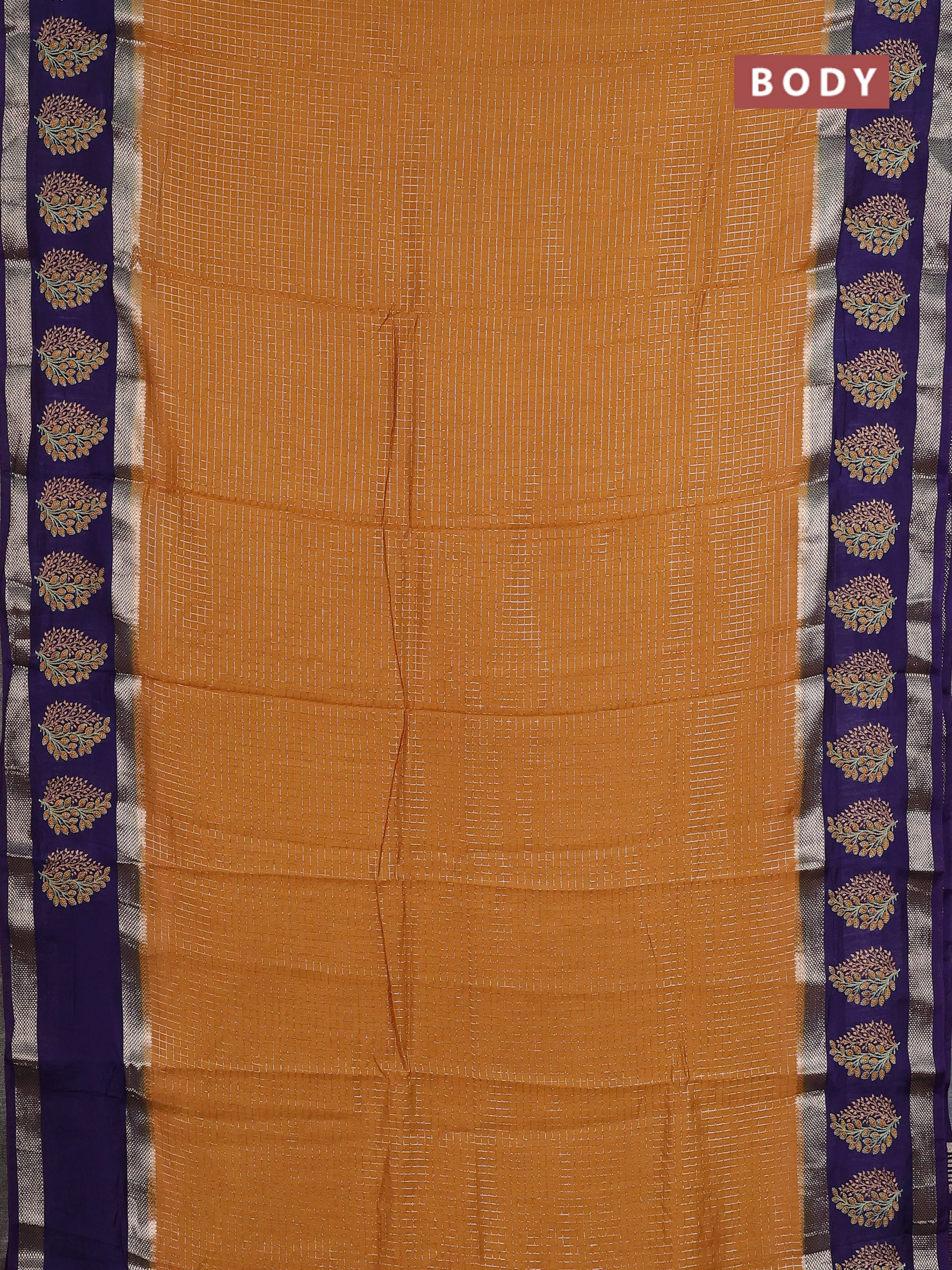 Semi chanderi saree dark mustard and violet with allover zari woven checked pattern and embroidery zari border - Image 2