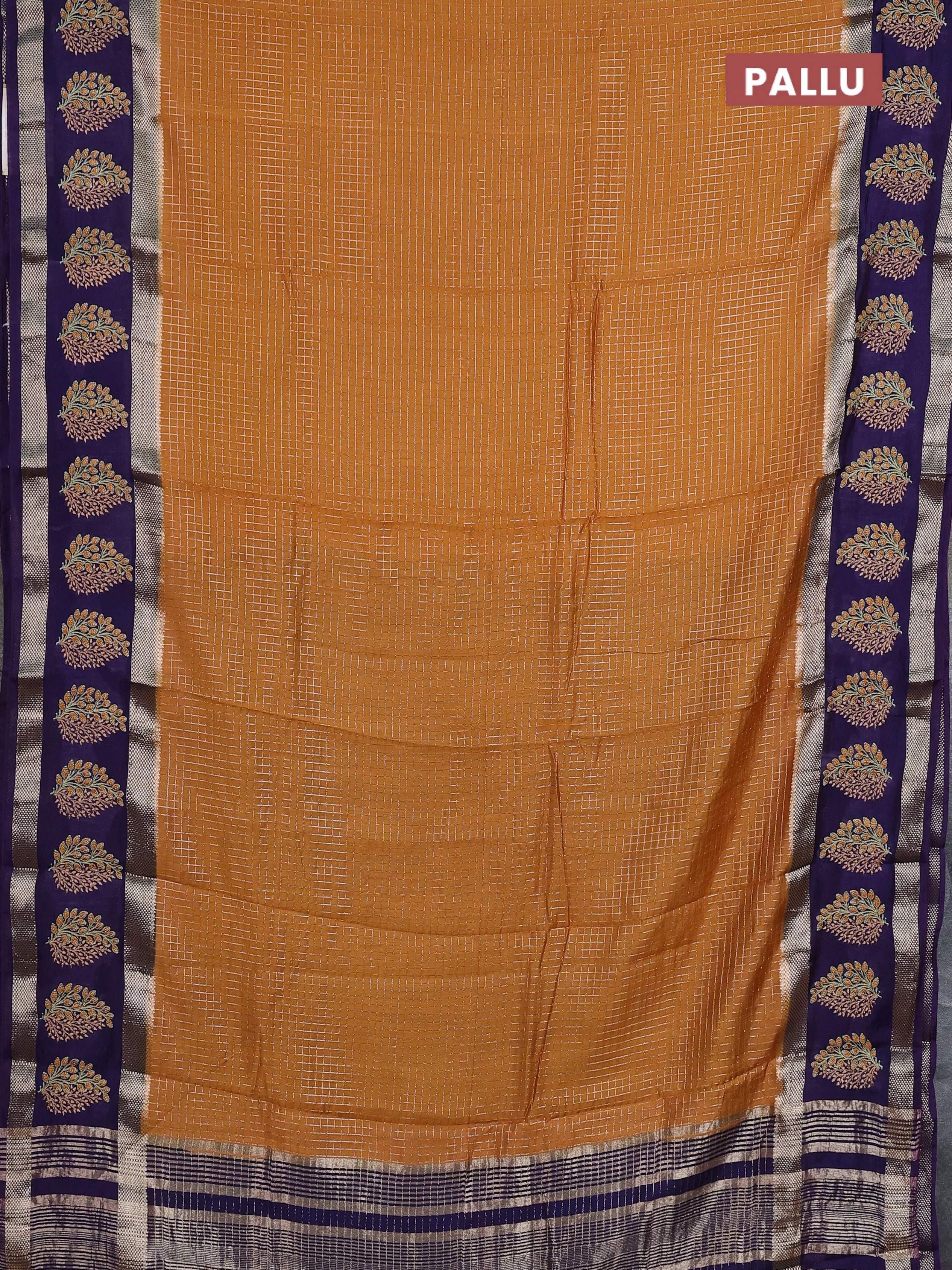 Semi chanderi saree dark mustard and violet with allover zari woven checked pattern and embroidery zari border - Image 3