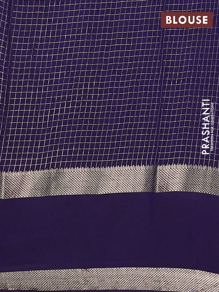 Semi chanderi saree dark mustard and violet with allover zari woven checked pattern and embroidery zari border - Image 4