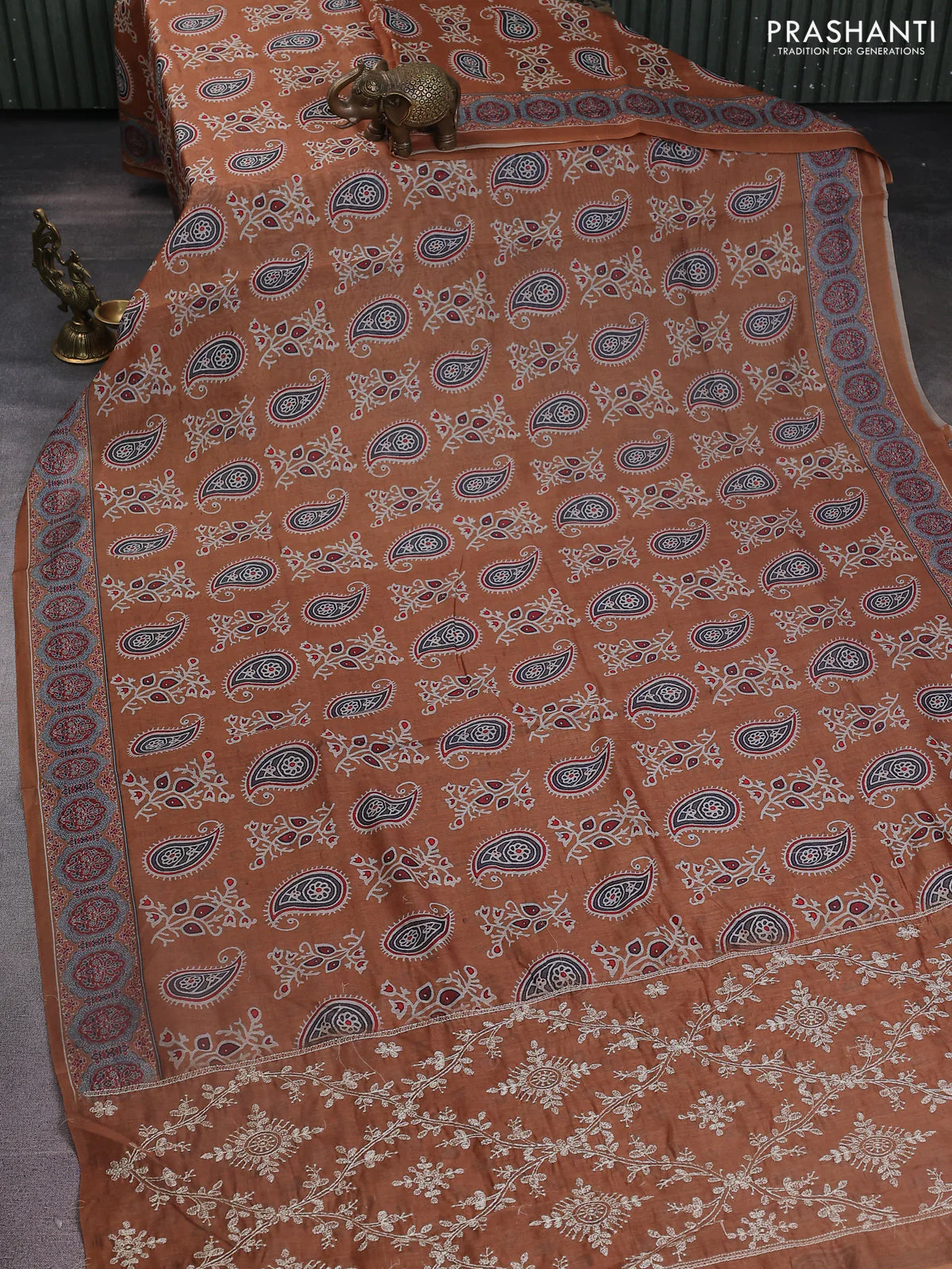 Semi chanderi saree dark mustard with allover prints and embroidery pallu - Image 2