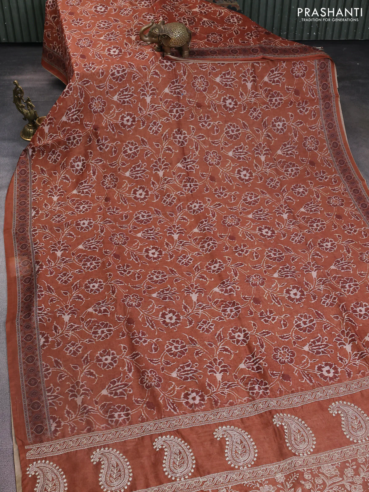 Semi chanderi saree dark mustard with allover prints and embroidery pallu - Image 2